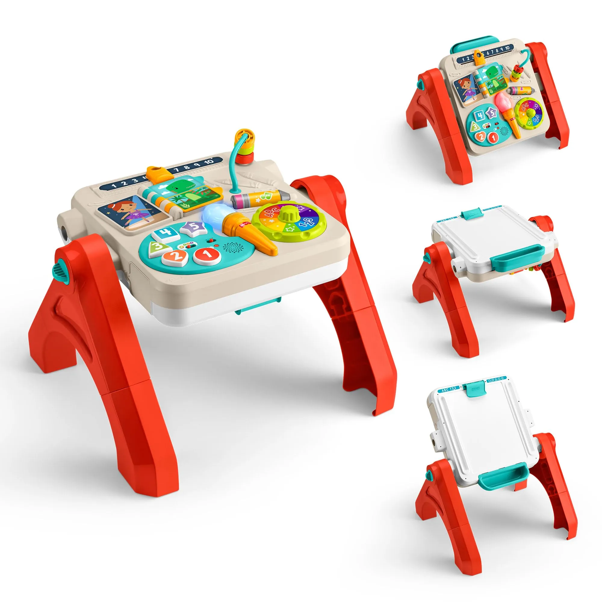 Fisher-Price - Tavolino Attività 4 in 1, pannello interattivo e cavalletto d'arte, con luci, suoni e canzoncine, versione italiano +ES+IN+PT, giocattolo per bambini, 6+ mesi, JGW89