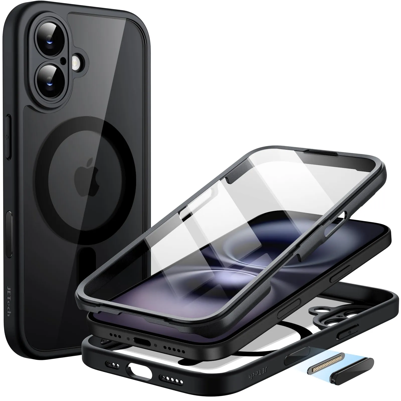 JETech Cover per iPhone 16 6,1 Pollici con Integrato Vetro Temperato Pellicola Protettiva e Pulsante Controllo Fotocamera, Compatibile con MagSafe, Protezione 360 Gradi (Nero)