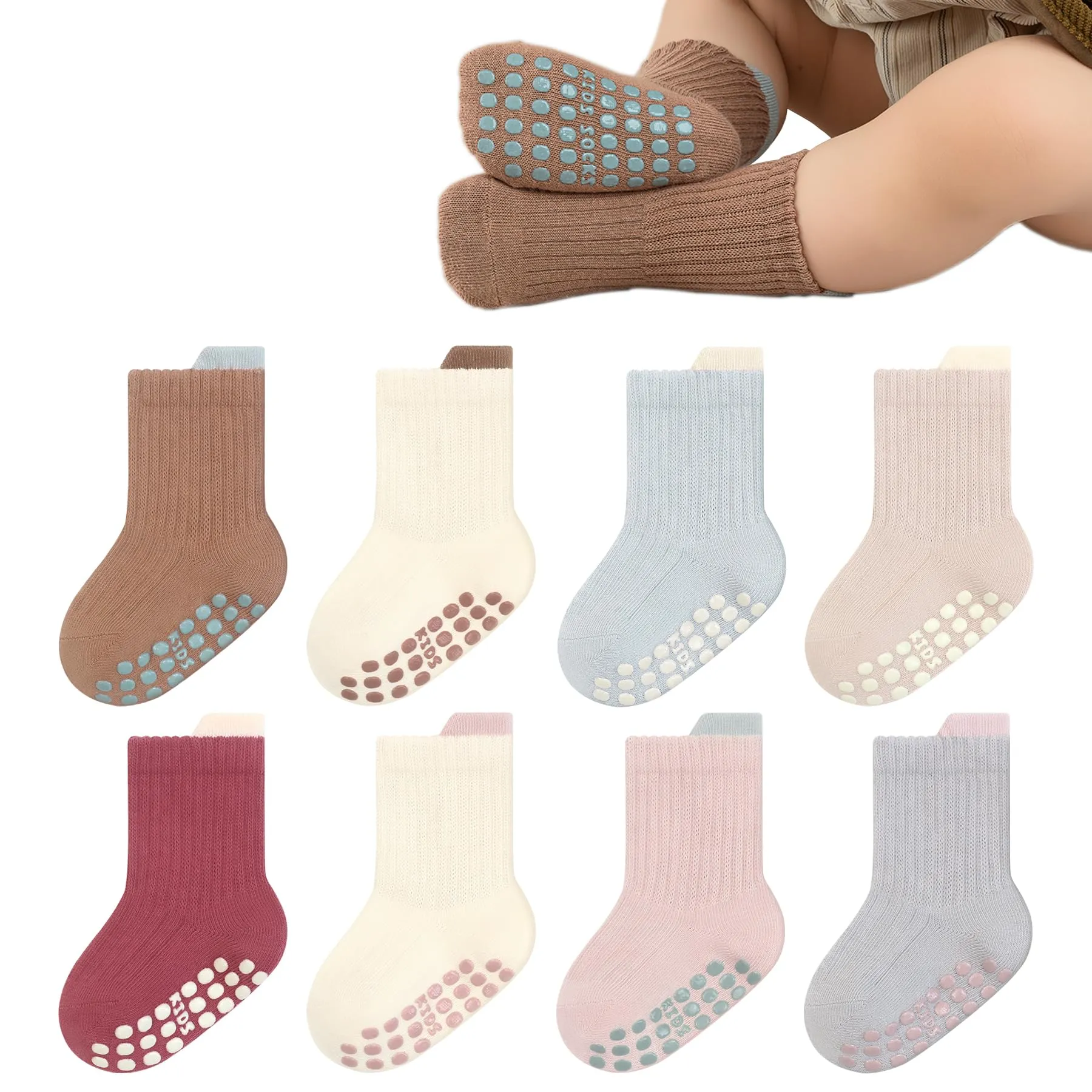 YANWANG 8 Paia di Calzini Antiscivolo con Grip per Bambini Piccoli Calzini Traspiranti per Neonati Bambini Bambina(Brown+Pink,M:1-3Y)