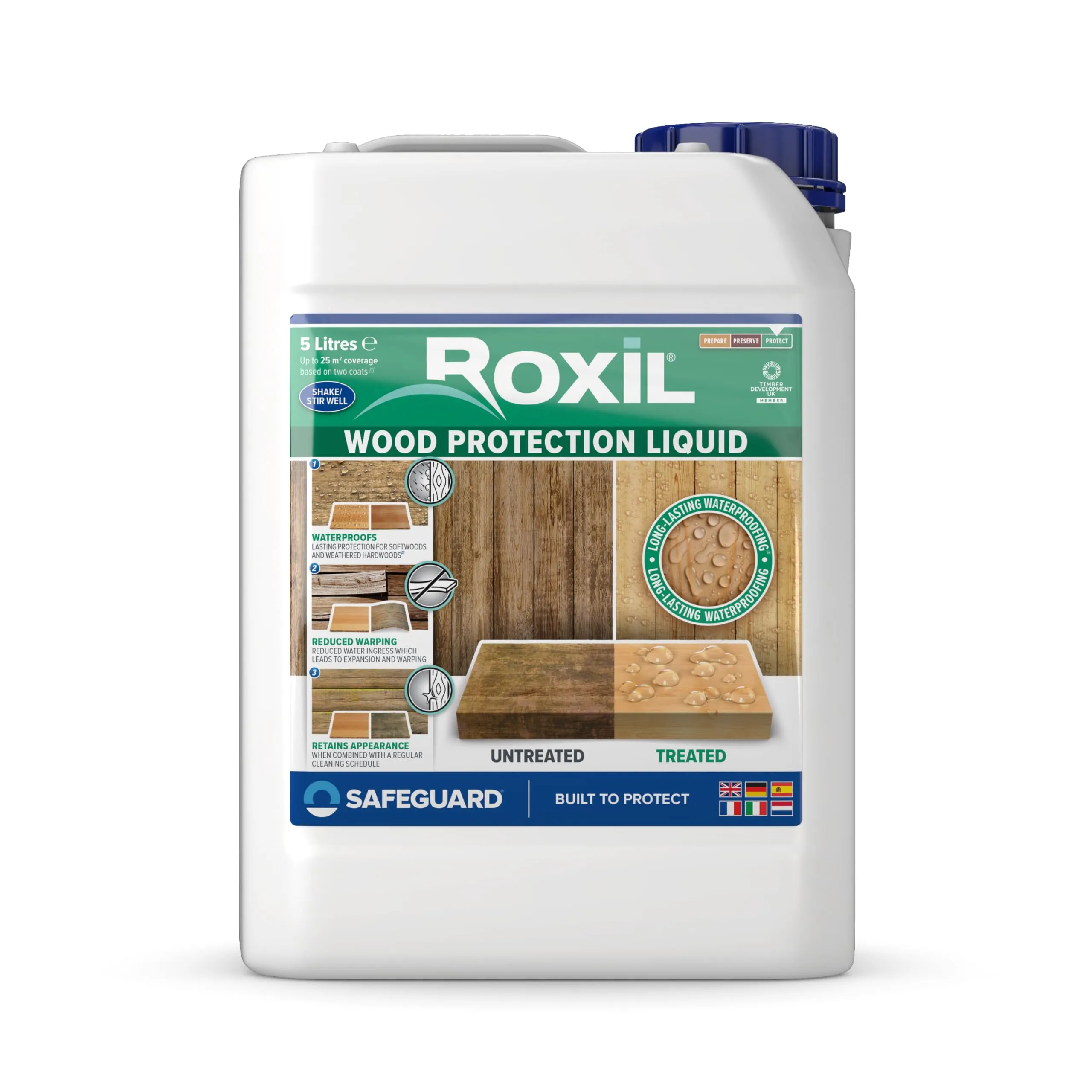 Roxil impermeabilizzante liquido protettivo per legno - 5 Litri - Trattamento Legno Esterno, Impregnante Trasparente per Legno, Protezione 10 Anni