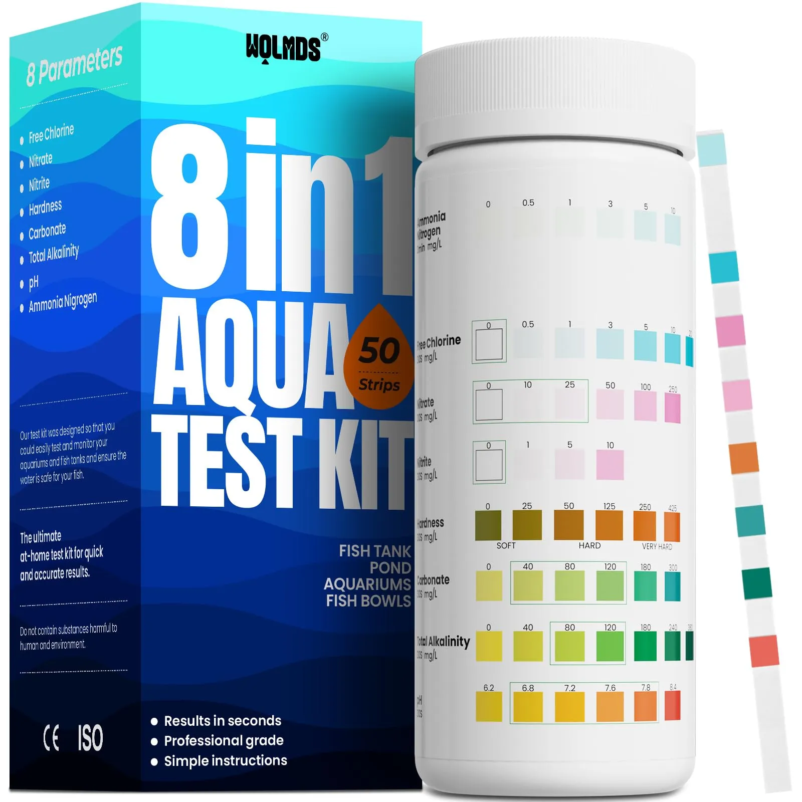 Wolmds Kit Test Acqua Acquario 8-in-1 - Test Acquario Dolce e Salato: Misuratore Durezza Acqua, pH, Nitrati, Cloro - Accessori Acquario Acqua Dolce,Kit Durezza Completo per Test Precisi (50 strisce)