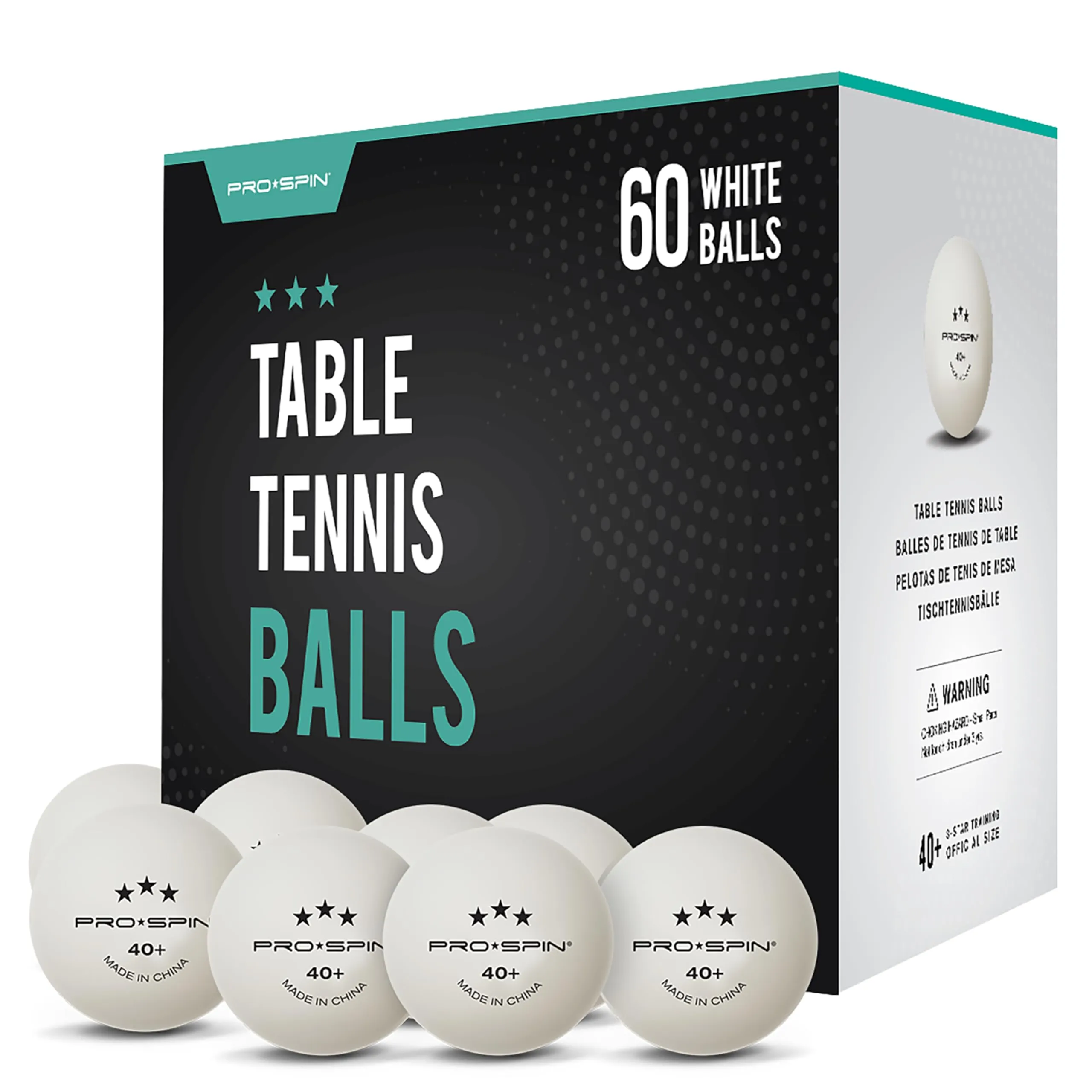 PRO-SPIN Palline Ping Pong – Bianche 3 Stelle 40+ di Alta Qualità per Tennis da Tavolo (Bianco | Confezione da 60)