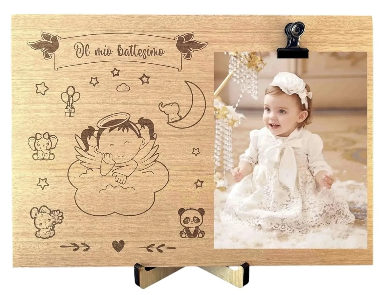 Portafoto battesimo bimbo, Cornice da tavolo in legno, Quadretto con molletta per feste ed eventi, Cornice moderna con dedica, Idea regalo battesimo (Battesimo Bambina)