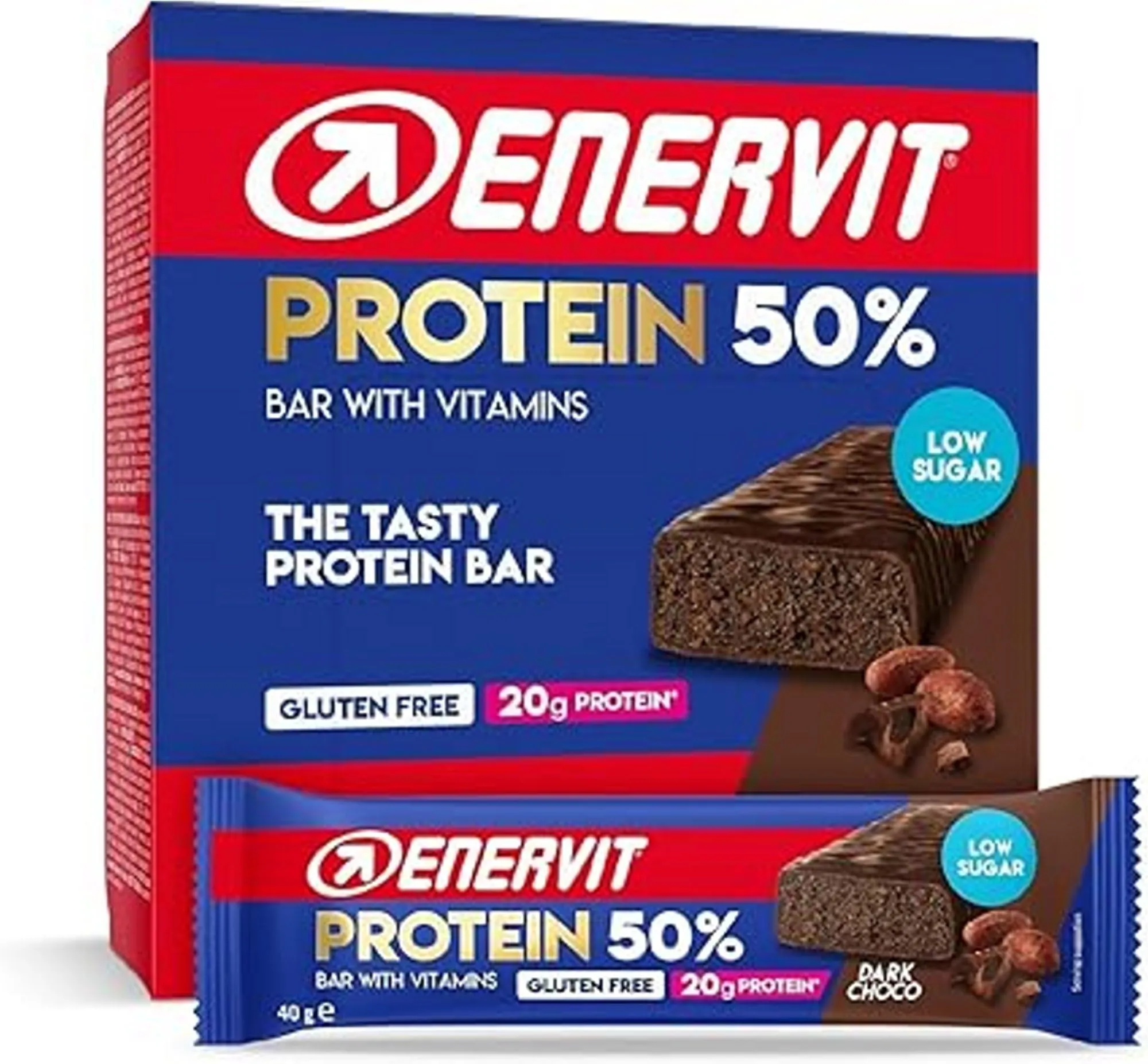 Enervit, Protein Bar 50% Dark Choco, Barrette Proteiche, 20g di Proteine, Low Sugar, con Vitamina D e B6, Gusto Cioccolato Fondente, Per il Recupero Dopo lo Sport, Senza Glutine, 12 Barrette da 40g