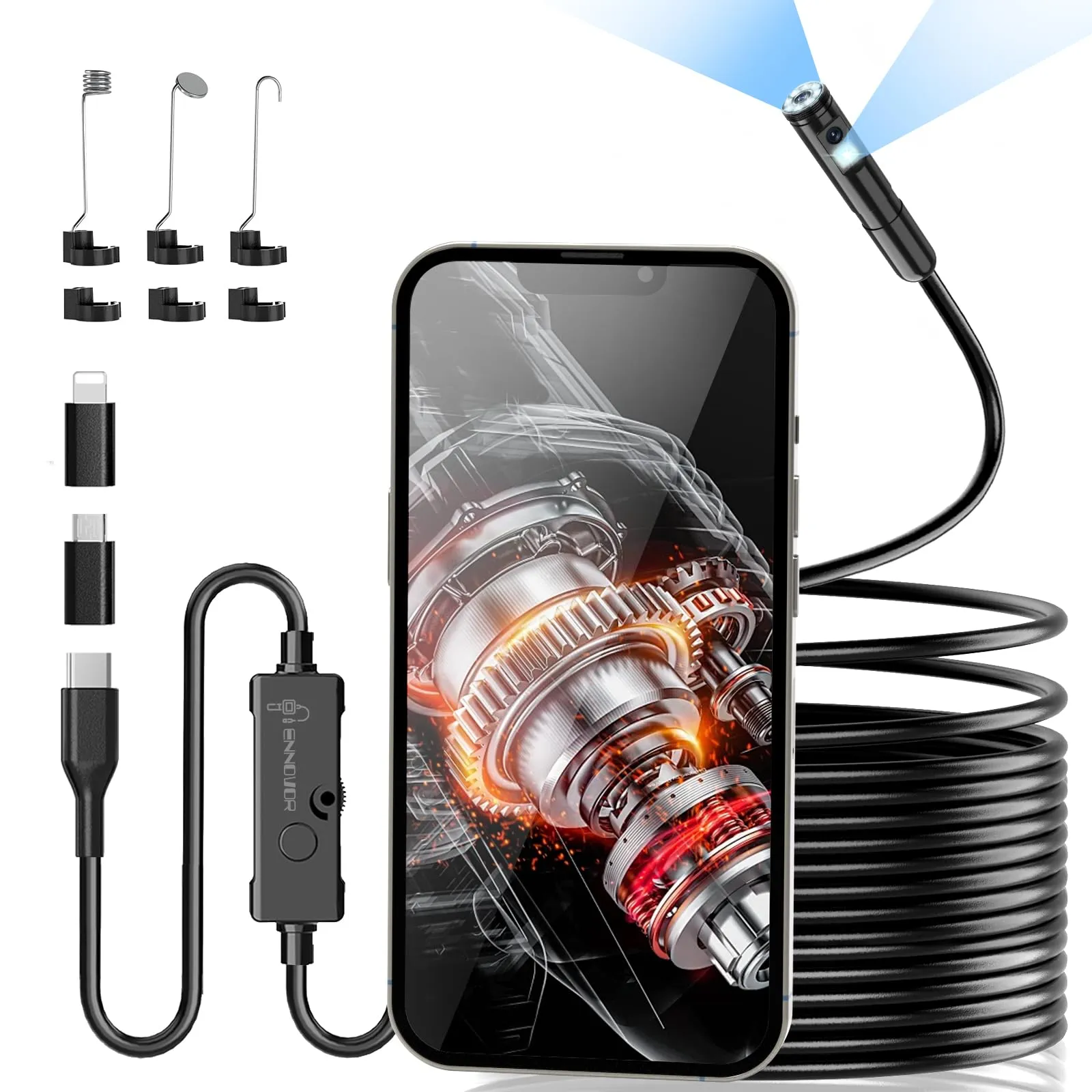 Ennovor Endoscopio per Smartphone Doppie Lenti 1920P HD, Sonda con Telecamera per Ispezione Tubi Professionale IP67 Impermeabile con 8+1 LED e Cavo Semirigido da 5M, Compatibile con Android e iOS