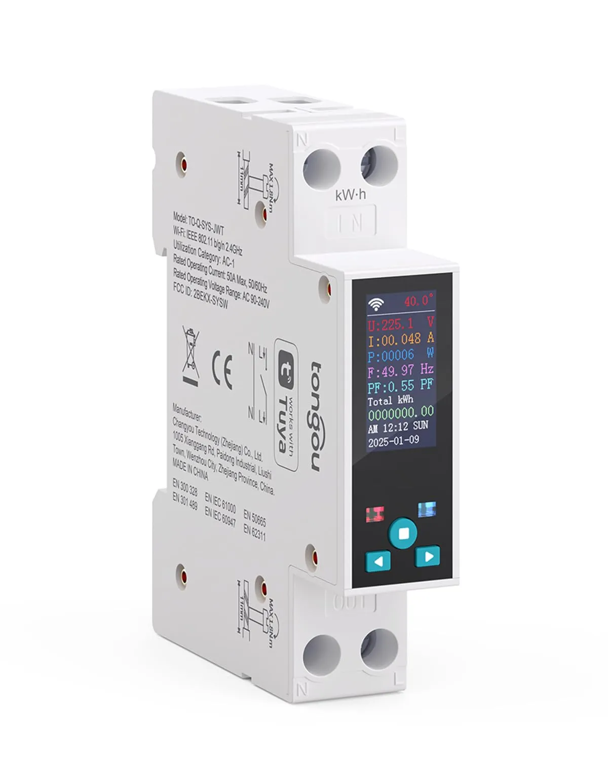 TONGOU Contatore Energia Elettrica Wi-fi, 1-50a 230v wifi Misurator di Consumo Elettrico, Smart Meter Timer Switch su guida Din con display LCD retroilluminato
