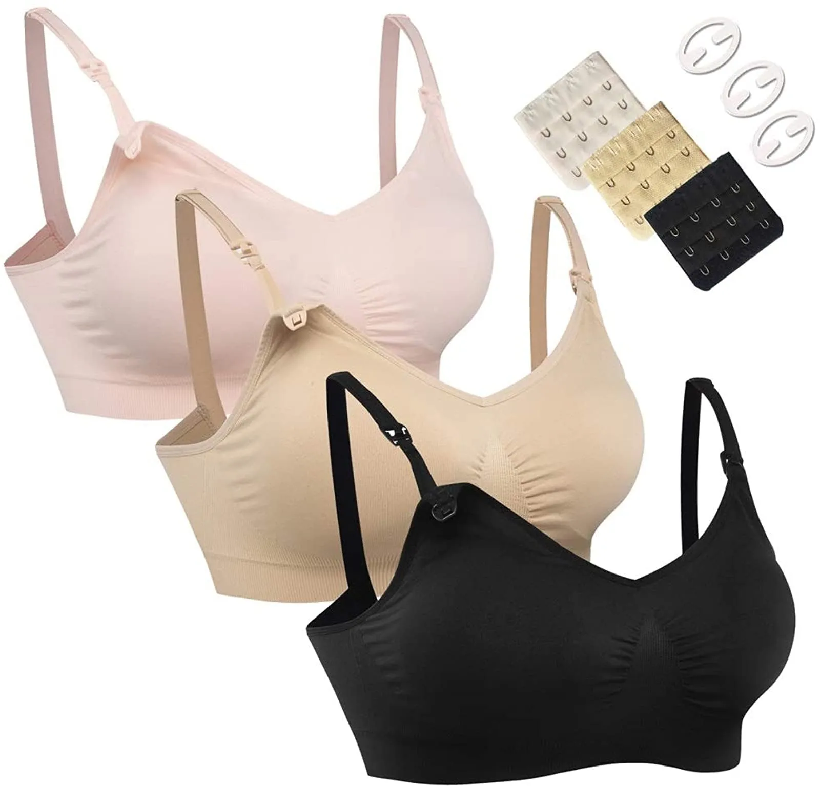 HOFISH Confezione da 3 reggiseni per allattamento senza cuciture, taglie S-XXL, con estensori e clip extra, 01 Tinta unita: Nero Beige Rosa, M