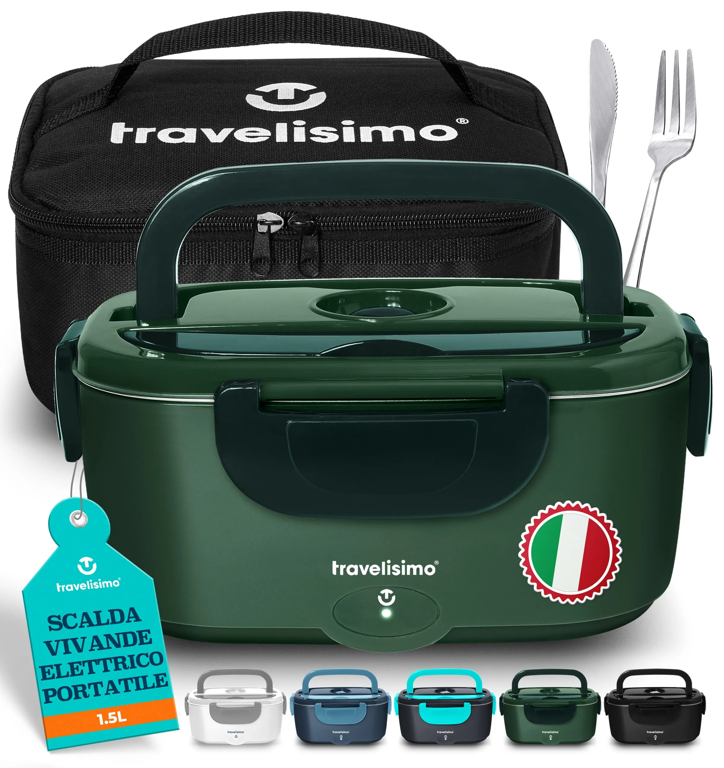TRAVELISIMO Scaldavivande Elettrico Portatile, 80W 1,5L Porta Pranzo Riscaldabile, 220V/12V/24V Scalda Vivande Portatile Elettrico per Auto Camion e Ufficio, Lunch Box Termico di Acciaio Inossidabile