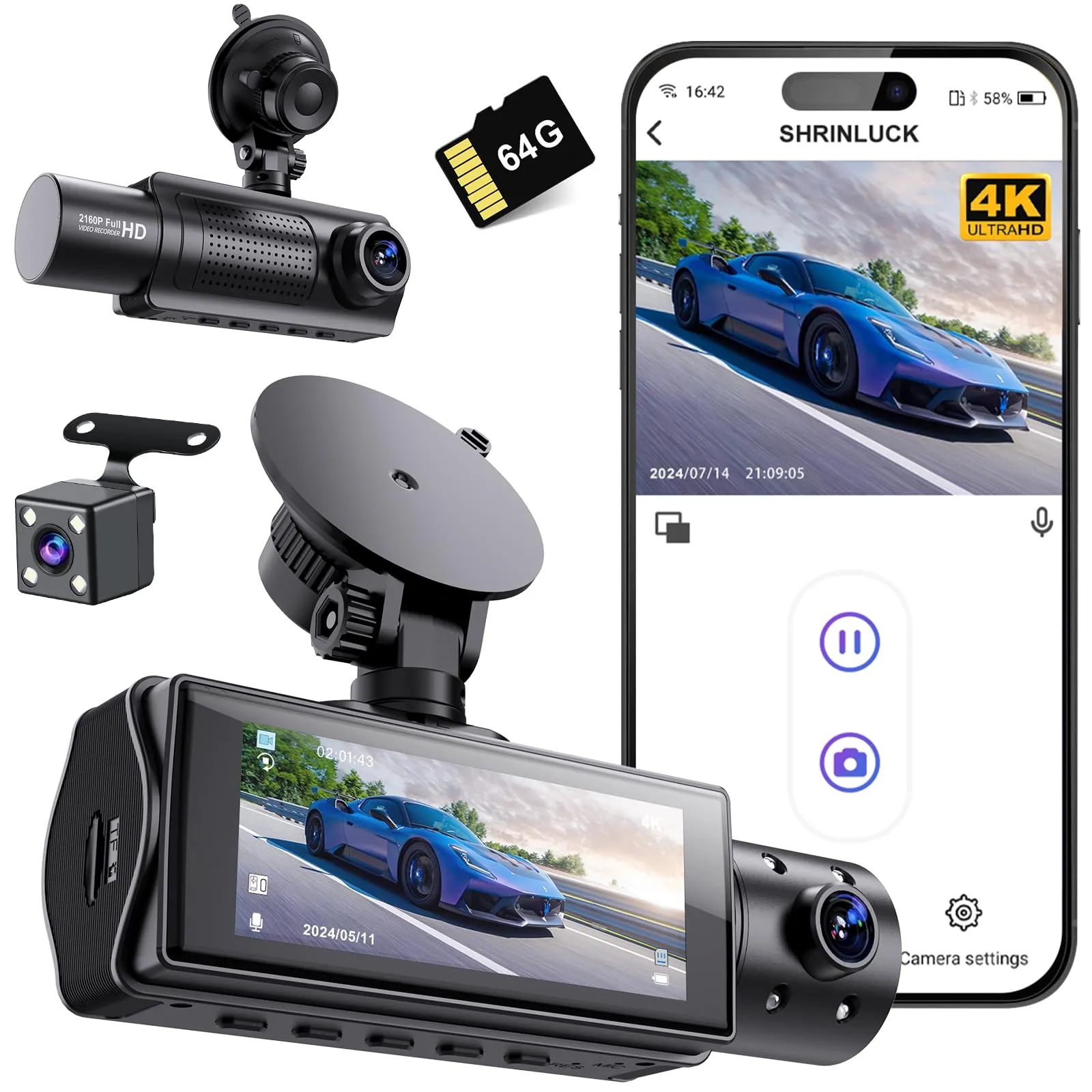SHRINLUCK X5 4K WiFi 3-Canali Dash Cam Auto, 2160P+1080P+1080P FHD Tripla Dashcam Auto,Telecamera Auto 360° su tutti i lati, Scheda SD 64G Gratuita, G-Sensor,WDR,Visione Notturna,Monitor di Parcheggio