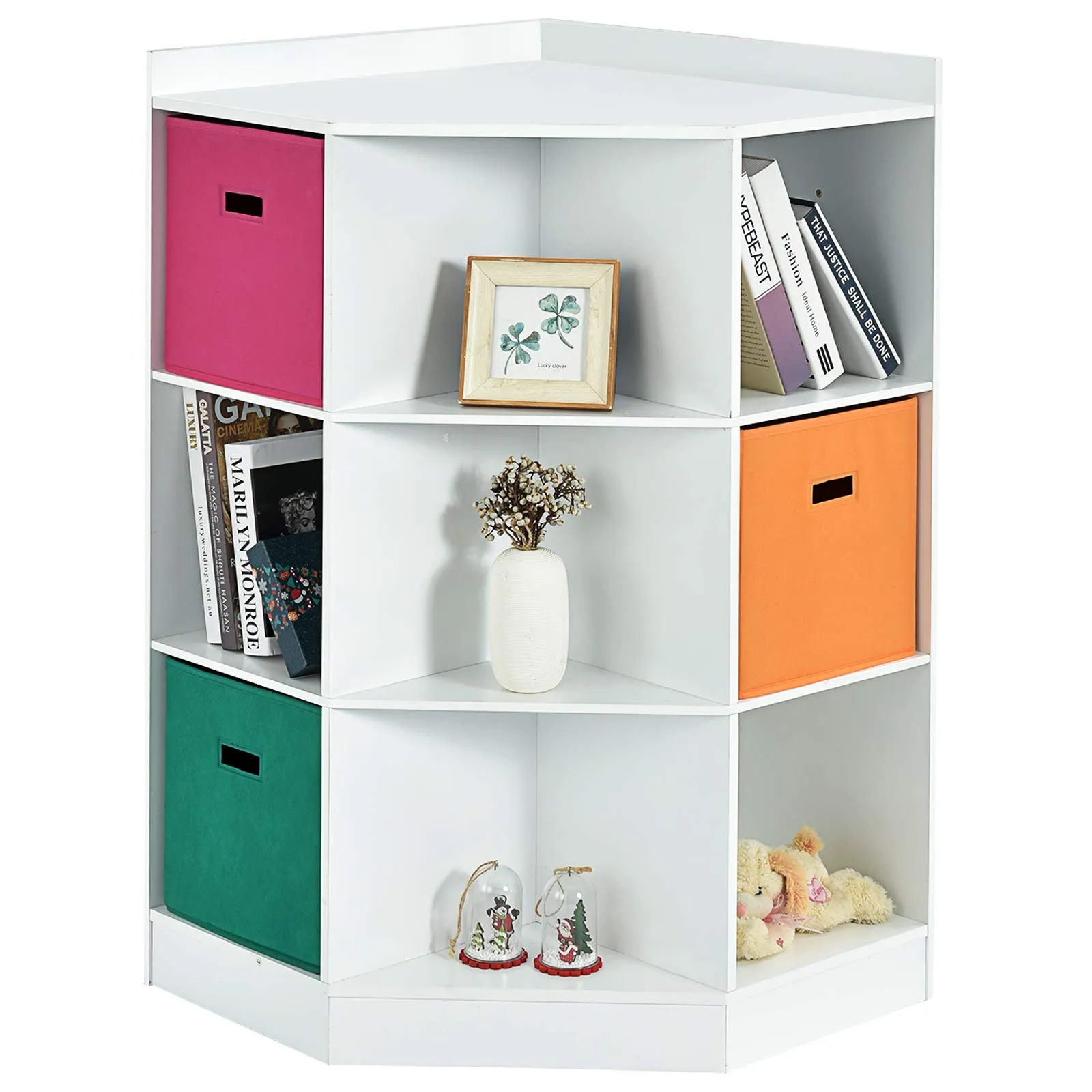 COSTWAY Scaffale Angolare, Scaffale ad Angolo con Tre Cestini Colorati e 9 Ripiani, per Casa, Soggiorno e Camera da Letto, 81x 61 x 94cm (Bianco)