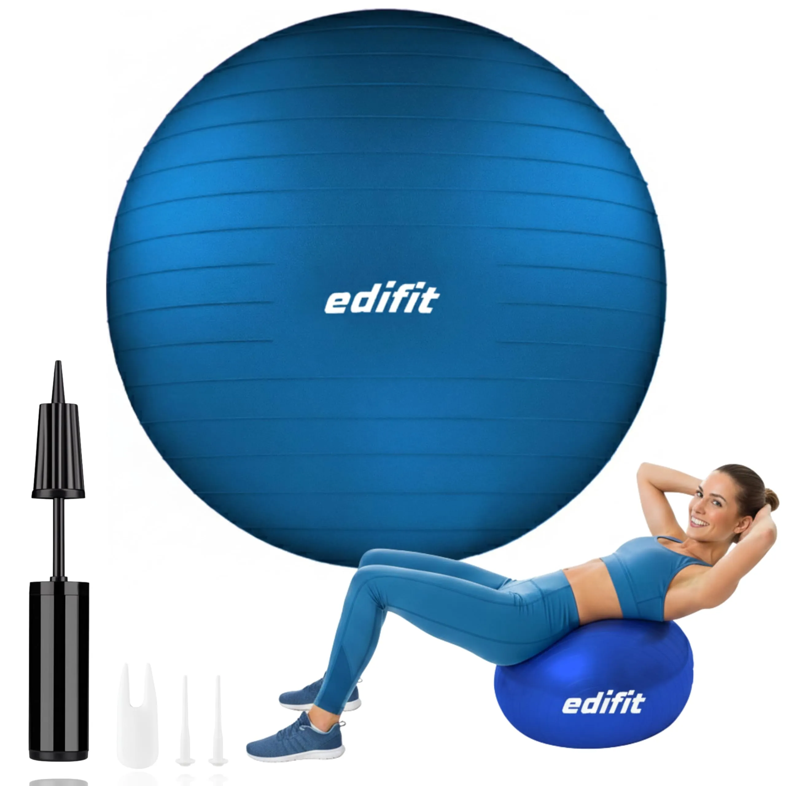 EDIFIT, Palla Fitness, 55, 65 e 75cm, Pilates Attrezzi Casa, Incluso il Gonfiatore, Fitball, Yoga Accessori, Palla Gravidanza, Ginnastica Ritmica (65cm, Blu)