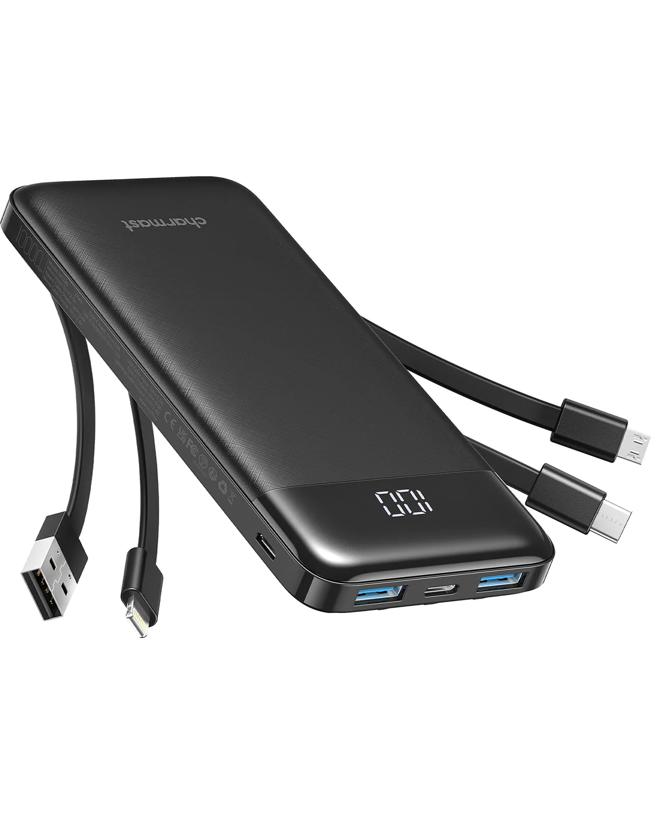Charmast Power Bank 10000mAh con Cavi Integrati,Caricatore Portatile USB C 5V/3A Powerbank LED Display con 6 Uscite e 3 ingressi per iPhone Huawei Xiaomi