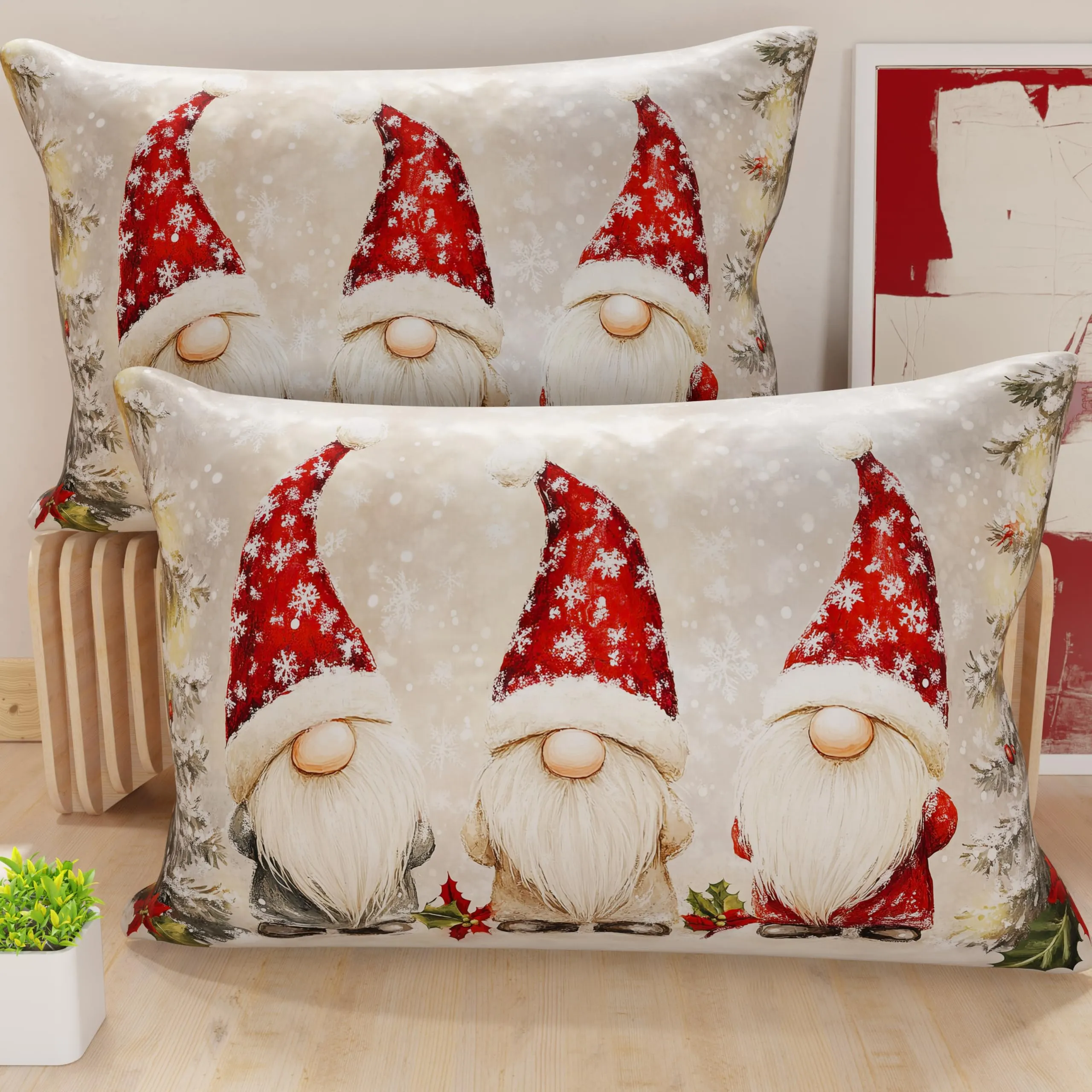 PETTI Artigiani Italiani - Coppia di Federe Cuscino 50x80 cm in Microfibra, Federe Natalizie, Cuscini Arredo di Natale Camera da Letto, Divano, Salotto, Set 2 Fodere Copricuscino, Federa Gnomo 03