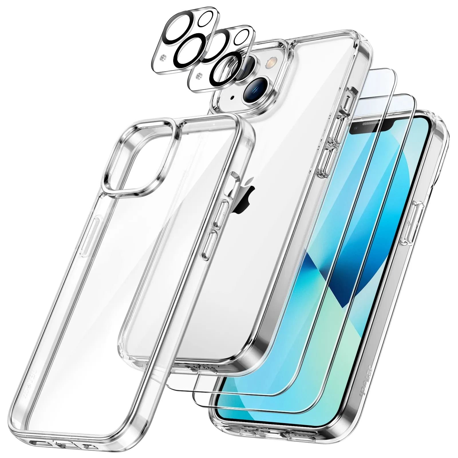 JETech 5 in 1 Cover per iPhone 13 6,1 Pollici, con 2 Pellicola Protettiva e 2 Protezione Fotocamera, Anti Ingiallimento, Vetro Temperato Film a Copertura Totale, Custodia Antiurto (Trasparente)