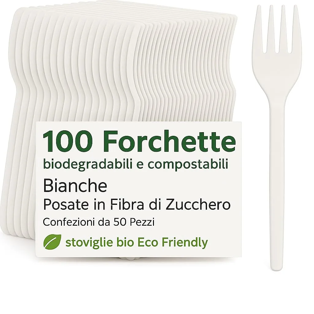 100 Forchette biodegradabili e compostabili Bianche Posate in Fibra di Zucchero Confezioni da 50 Pezzi stoviglie bio Eco Friendly (100 pezzi)