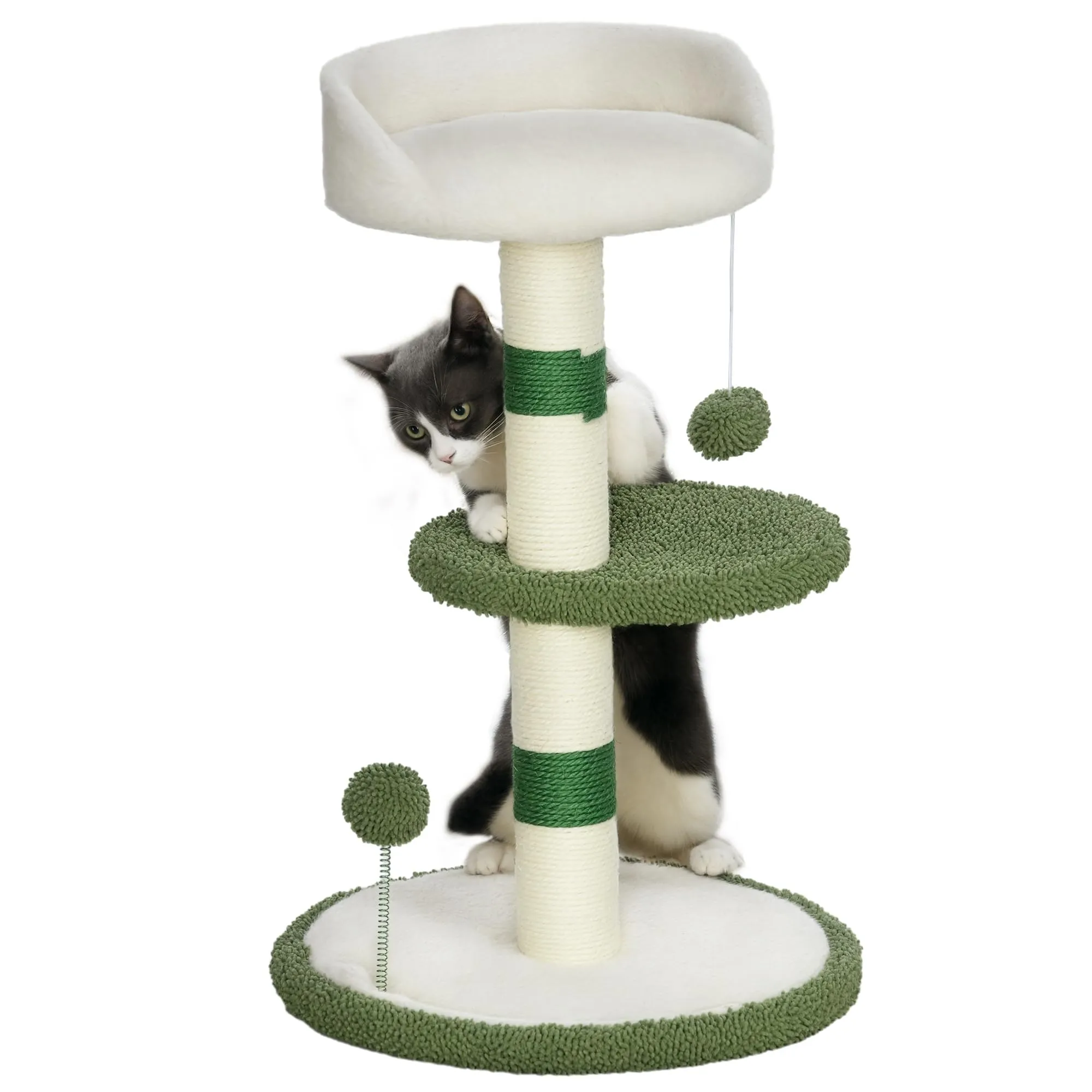 PawHut Albero Tiragraffi con Lettino per Gatti, 2 Palline, Piattaforma e Palo in Sisal, Palestra per Gatti con Rivestimento in Chenille e Peluche, Verde e Bianco