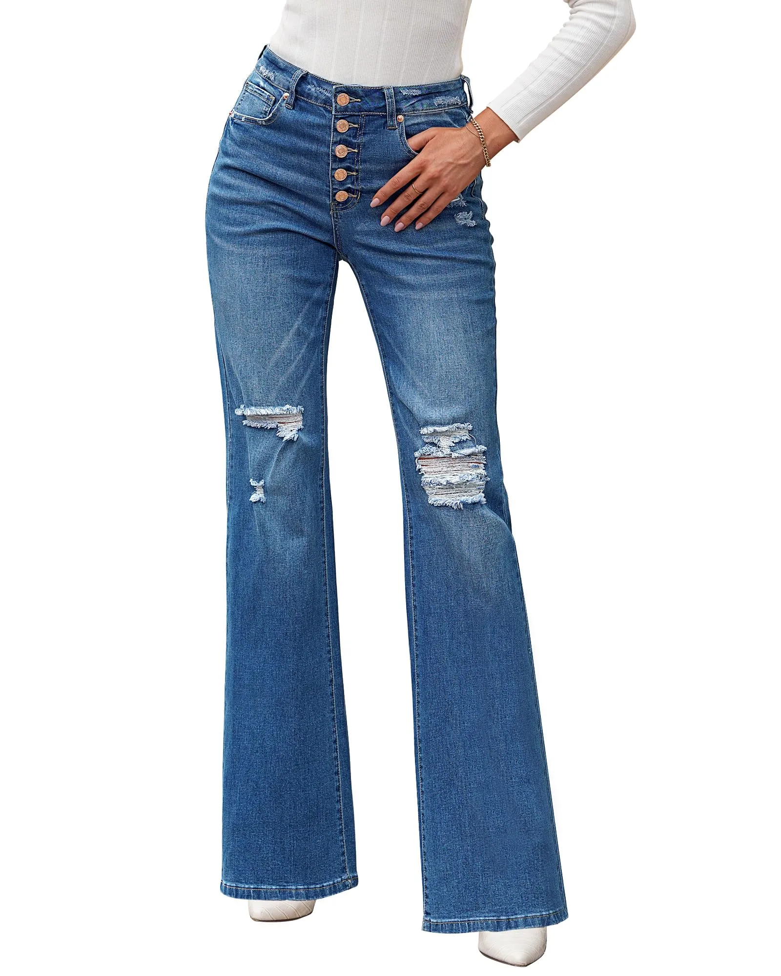 Roskiky Jeans da donna a vita alta, jeans da donna con fori, elasticizzati, Blu, M