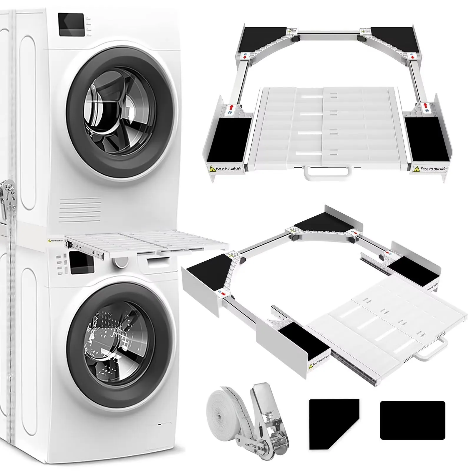 NIUXX Kit di Accatastamento per Lavatrici, Telaio di Collegamento Universale con Cinghia a Cricchetto per 53-68cm Lavatrice Asciugatrice, Kit di Impilamento Telaio Intermedio Asciugatrice con Ripiano