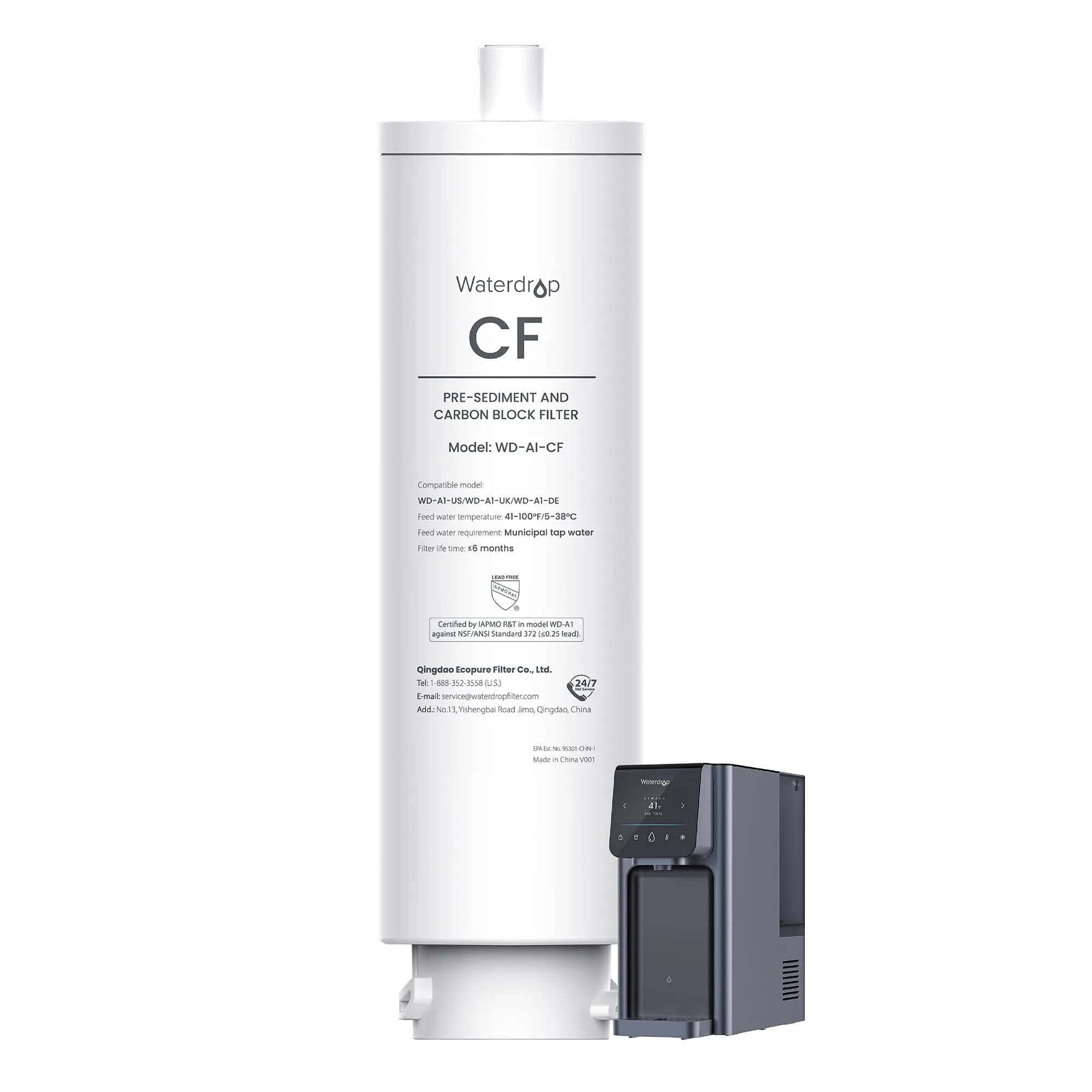Waterdrop WD-A1-CF Filtro, Ricambio per l'Erogatore di Acqua Calda e Fredda a Osmosi Inversa WD-A1, Durata di 6 Mesi