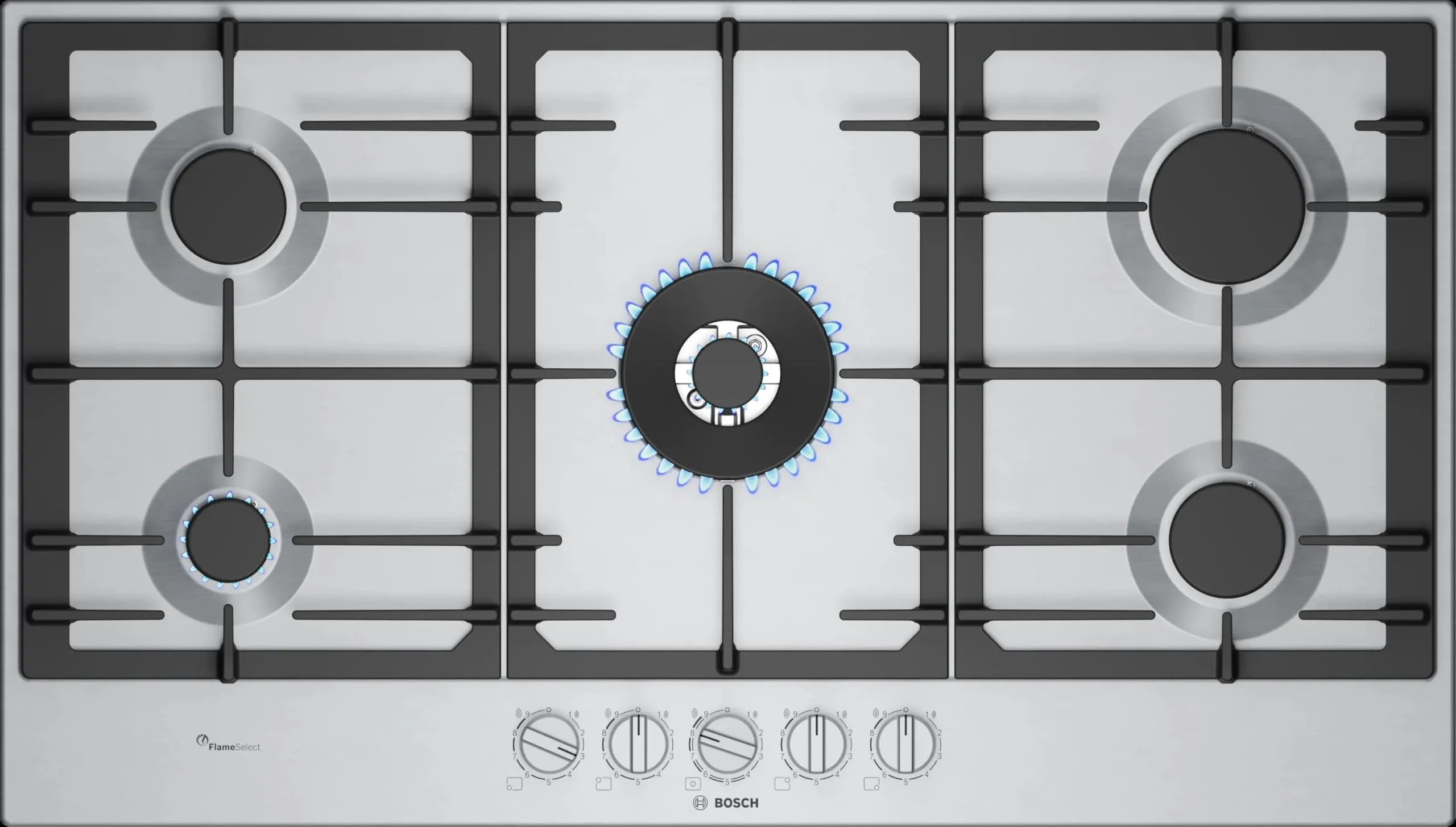 Bosch PCR9A5I90 Serie 6, Piano cottura a gas, FlameSelect, Manopole magnetiche rimovibili, WOK, griglie in ghisa, Acciaio, 90 cm