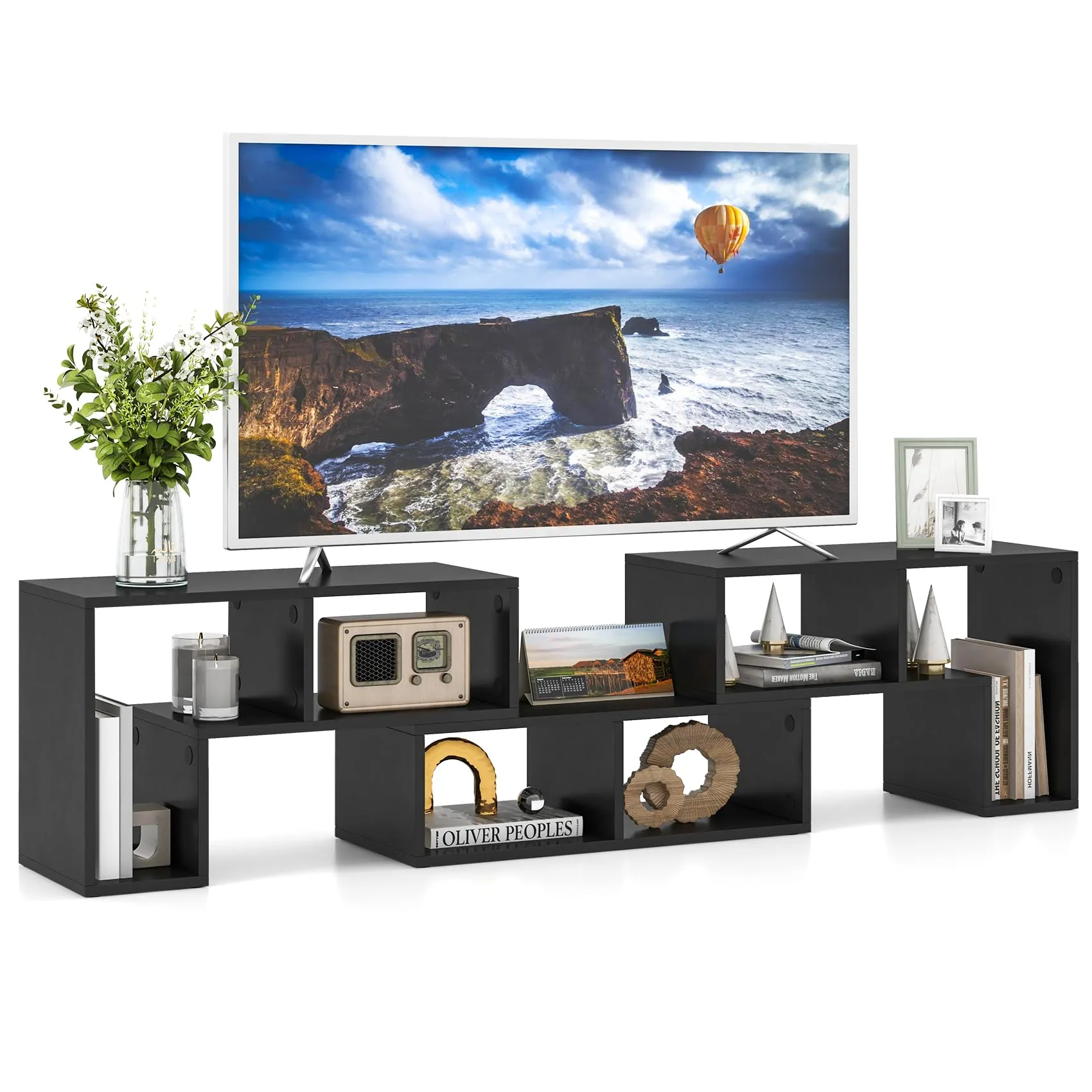 COSTWAY Mobile Porta TV con Ripiani Aperti, per TV Fino a 65 Pollici, Mobile TV di Legno per Salone, Camera da letto, Corridoio, Facile da Montare, 134-180 x 30 x 43 cm (Nero)