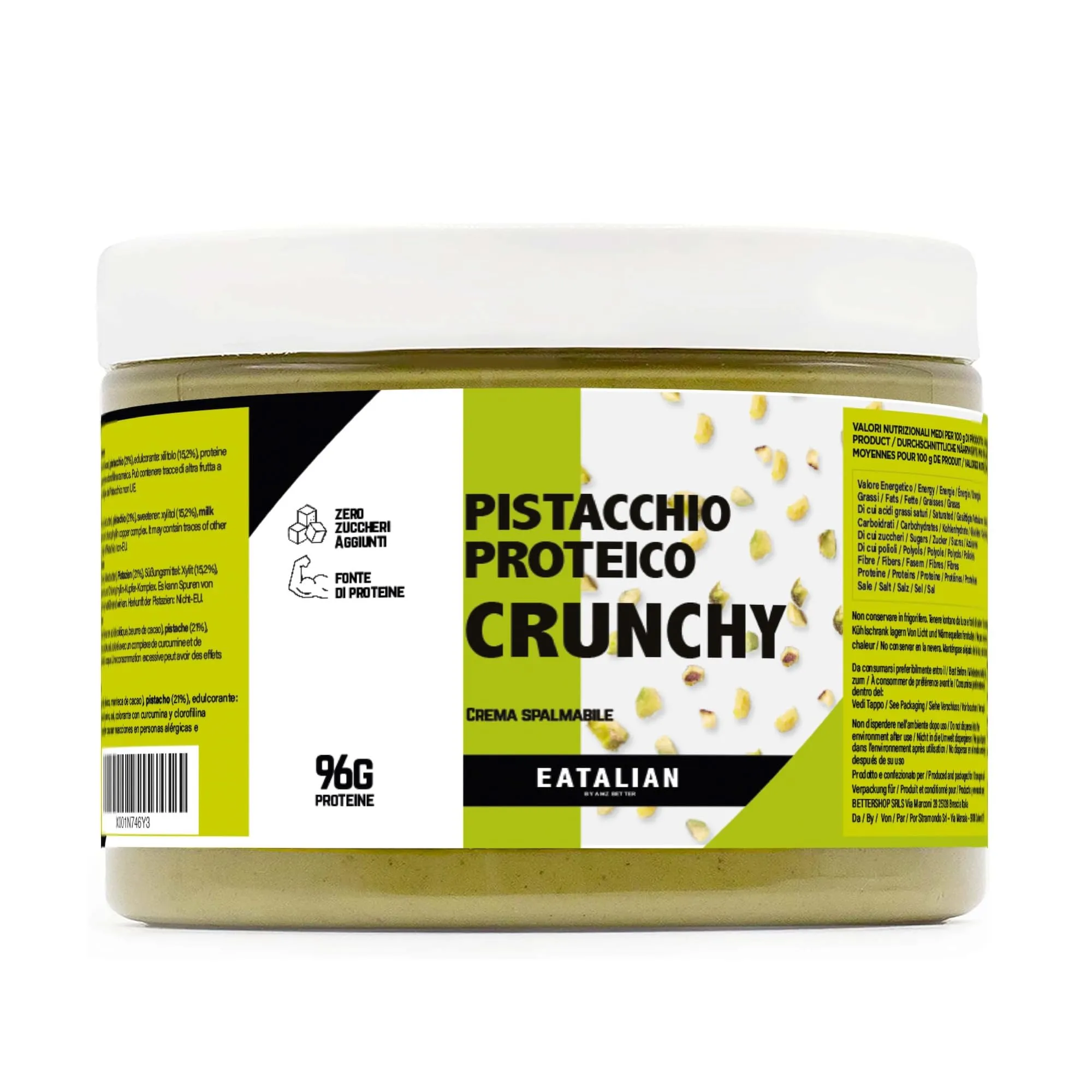EATALIAN by AMZ BETTER Crema Proteica al Pistacchio CRUNCHY 500 gr, Crema Spalmabile con Granella di Pistacchio, Gusto Dolce, Ideale sul Pane, per Farcire Dolci, Dubai Chocolate, Made in Italy