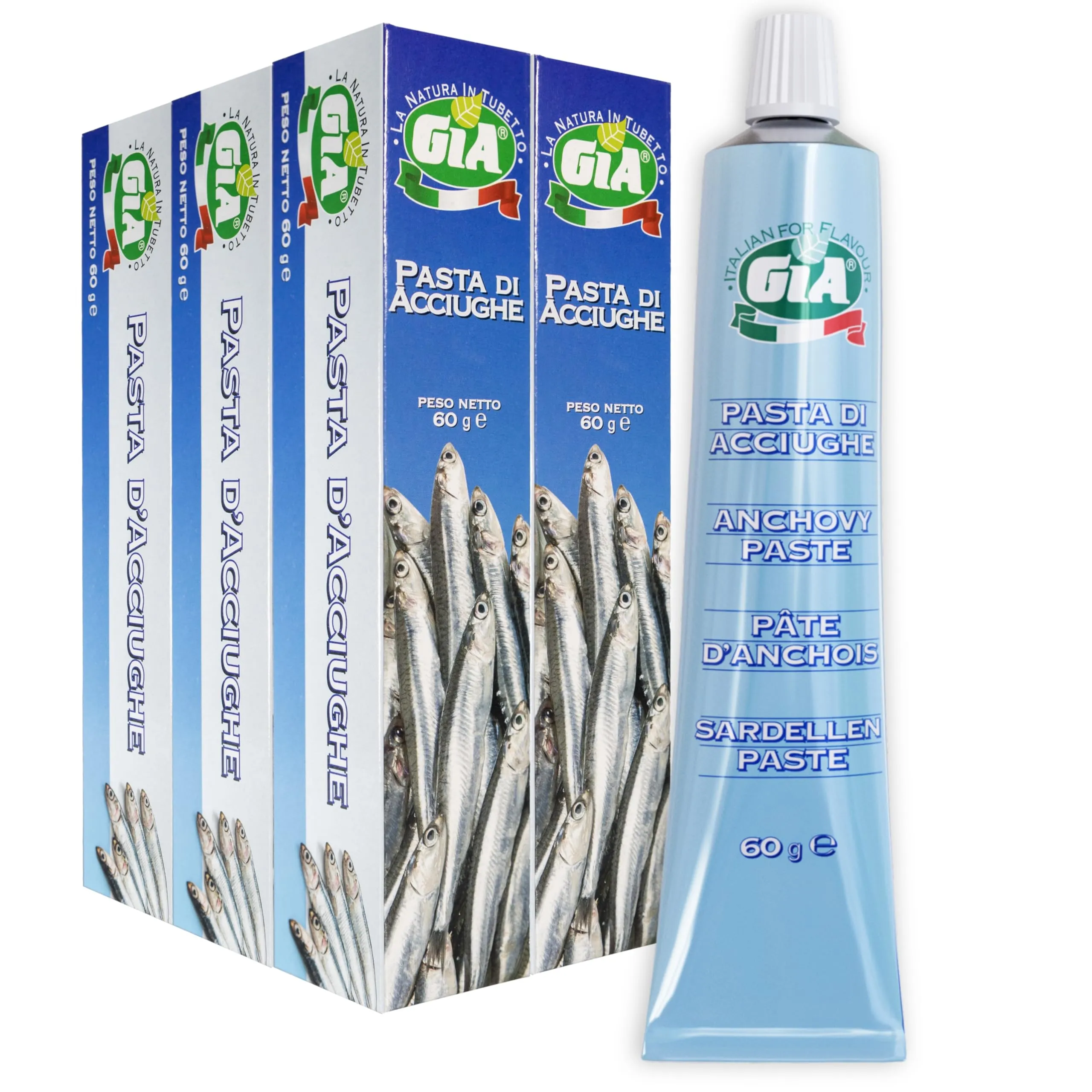 GIA Pasta di Acciughe, 6 Tubetti da 60g – Pronta all'Uso, Ideale per Insalate, Senza Glutine, Confezione Riciclabile e Anti-Spreco