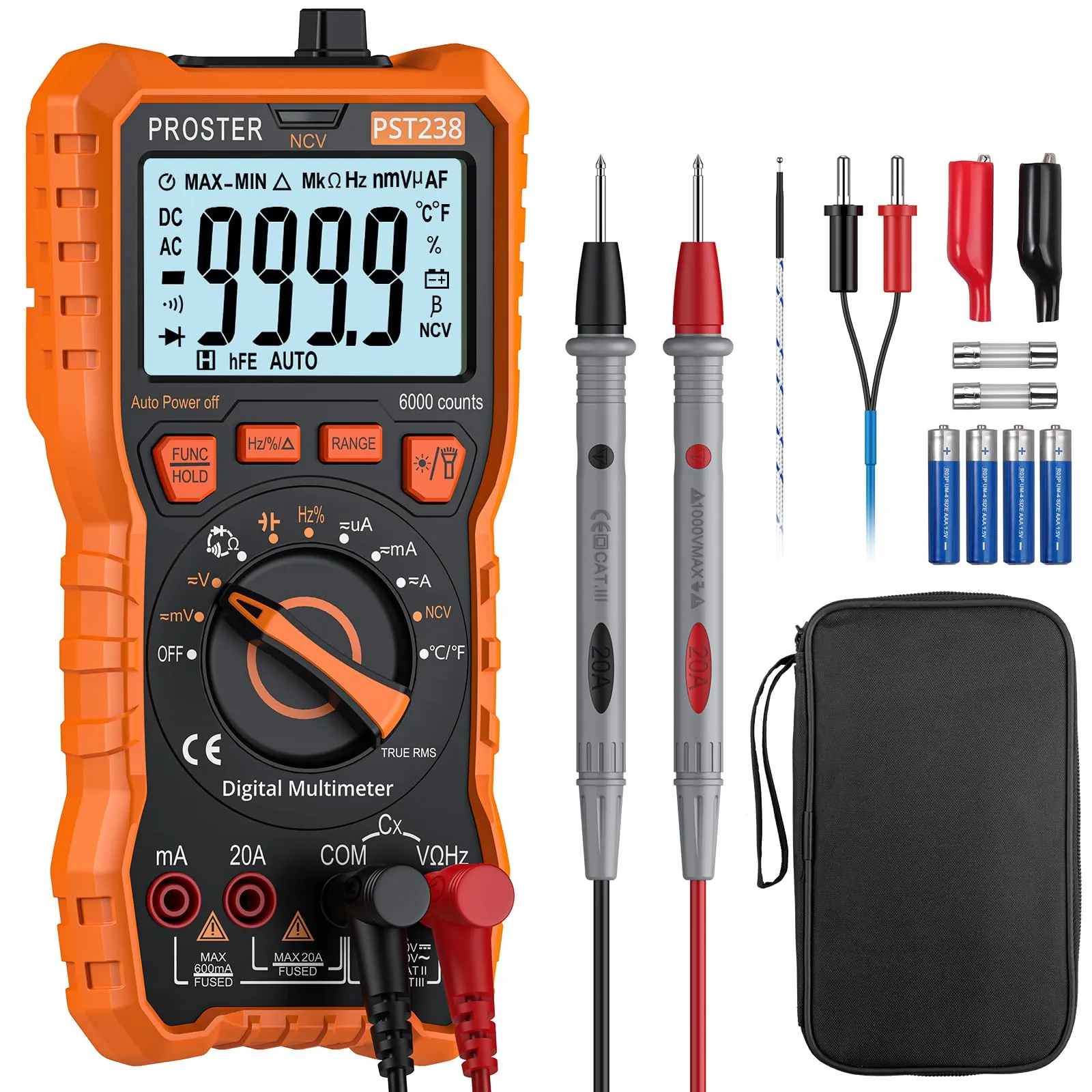Proster Multimetro Digitale 6000 Conteggi 20A 1000V TRMS Auto Range Rilevatore NCV Misuratore di Tensione Corrente DC AC Temperatura Capacità Resistenza Diodo Tester di Continuità con una Borsa