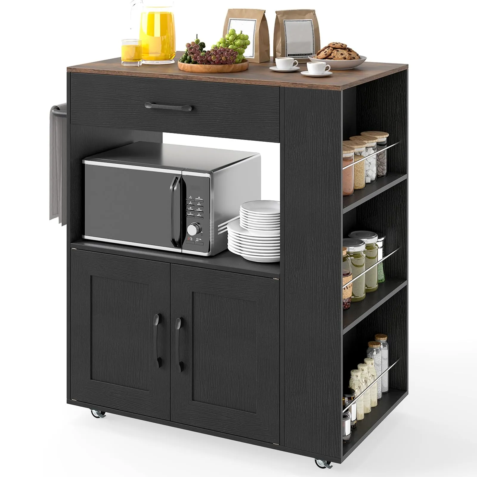 COSTWAY Carrello da Cucina con Ruote, Isola da Cucina con 3 Portaspezie 1 Cassetto Armadietto a 2 Porte, Carrello Portaoggetti con Portasciugamani, 82x46x92 cm (Nero)