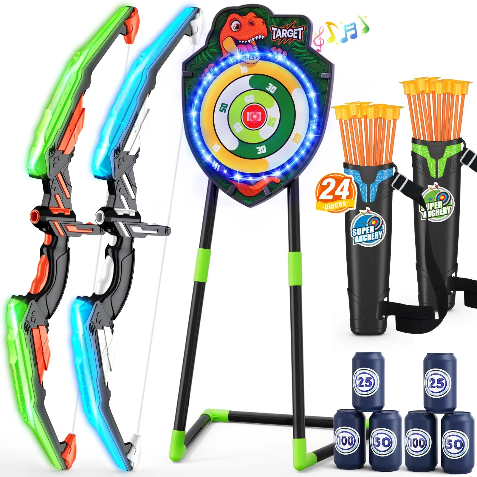 HYES 2 Pack Arco e Frecce per Bambini, LED Luce Dinosauro Tiro con L'Arco Set con Frecce Aspirazione, Glow Target, Punteggio Obiettivi, Quivers, Indoor Outdoor Regali Giocattoli per Ragazzi Ragazze