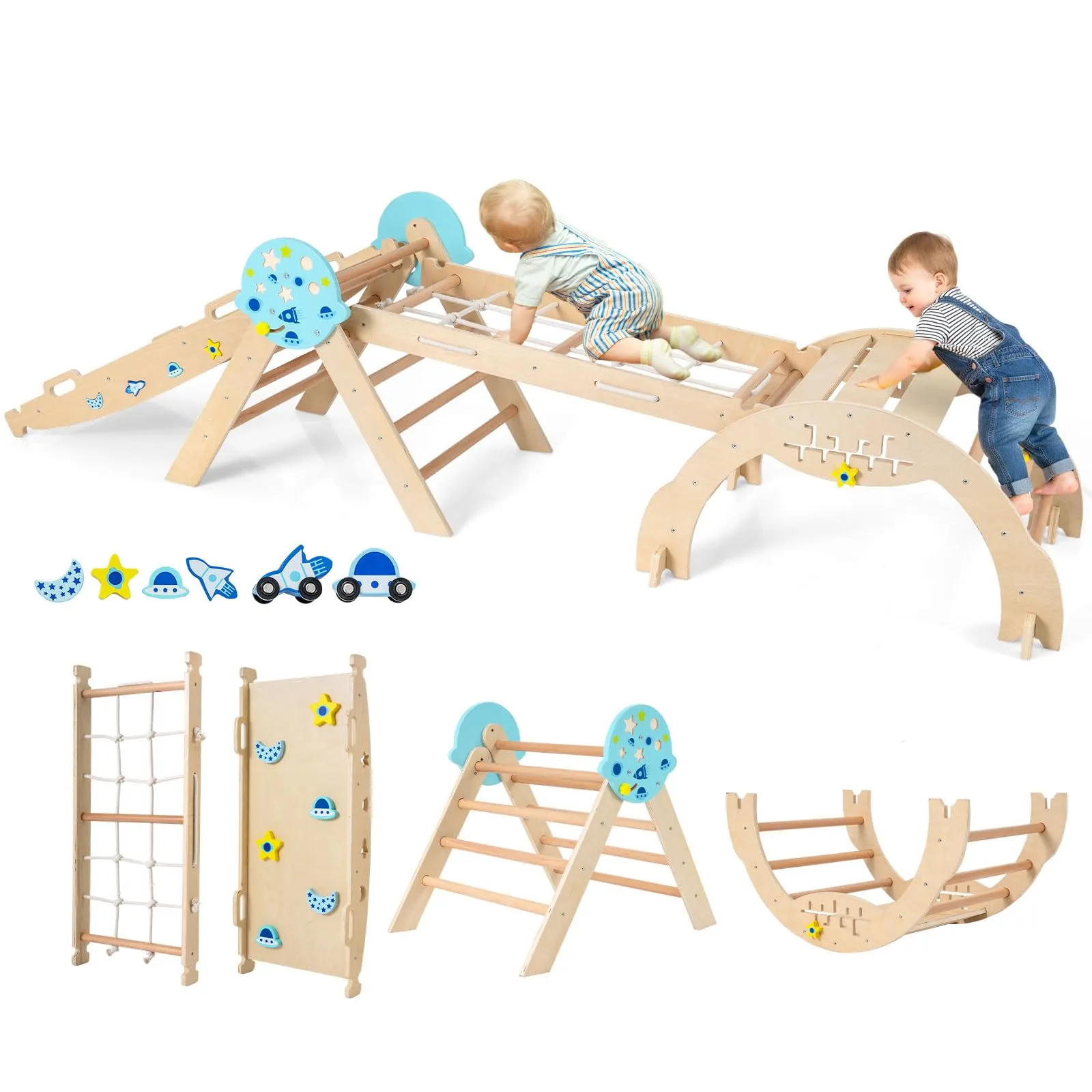 COSTWAY 8 in 1 Set da Arrampicata per Bambini, Giocattoli da Arrampicata in Legno con Triangolo Arco Rampa e Corda, Giochi Montessori per Bambini 1 Anni + (Astronauta 4 pezzi, Naturale)