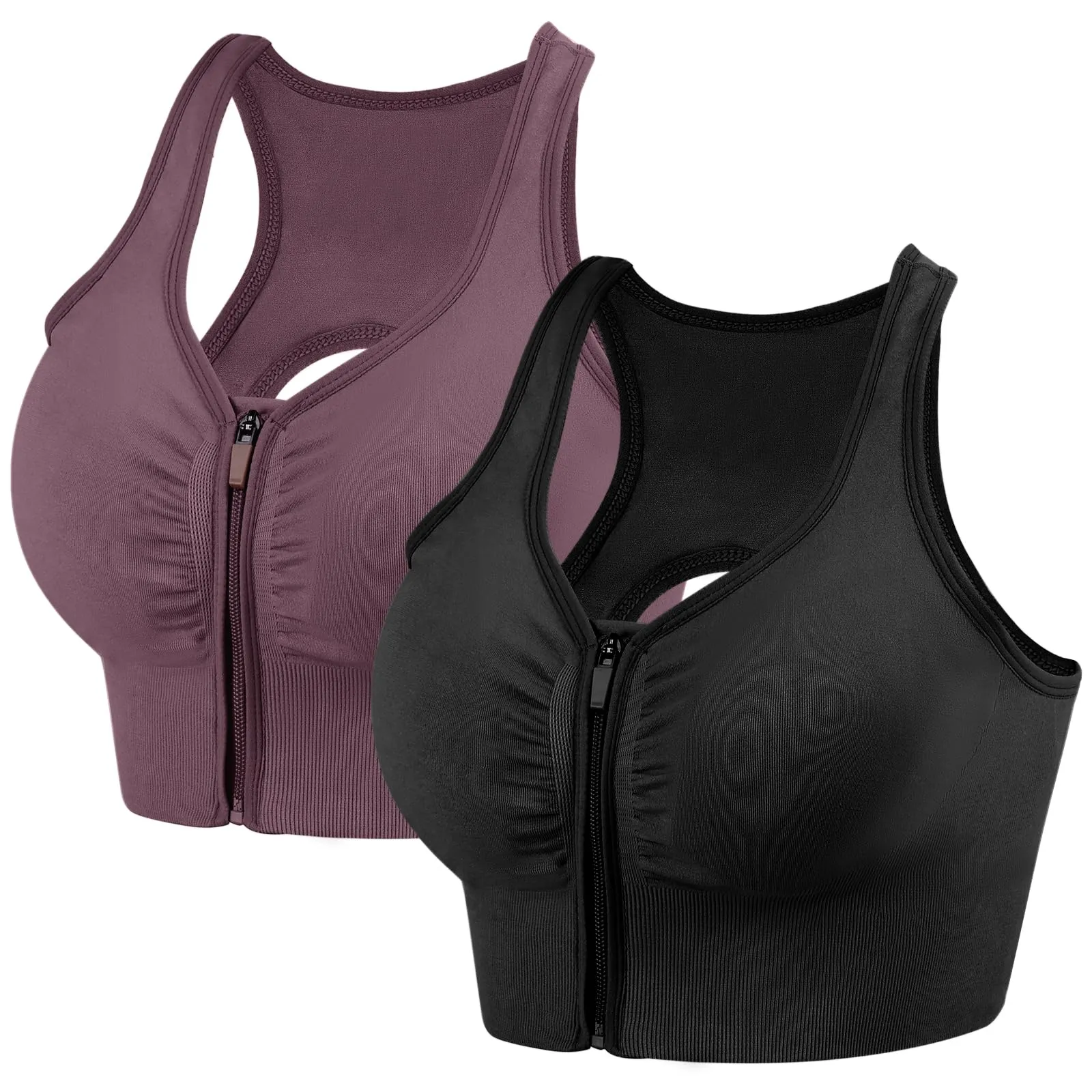dowskwx 2 Pezzi Reggiseno Sportivo Donna Alto Impatto Cerniera Frontale, Push Up Sport Bra Reggiseni Sportivi Senza Ferretto Senza Cuciture con Imbottito (Nero Viola, XL)