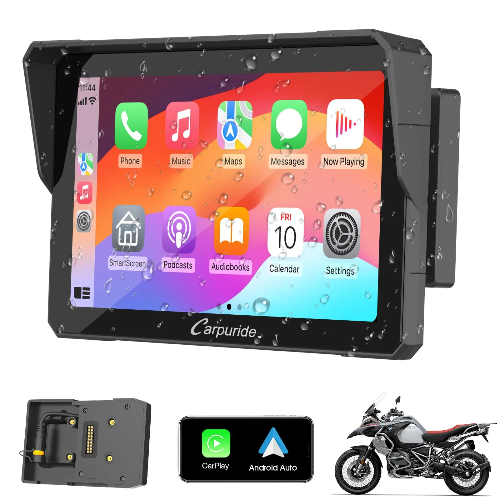 Carpuride W702B Schermo GPS Carplay per moto, con supporto personalizzato per BMW Moto, Wireless CarPlay e Android Auto, Touchscreen impermeabile portatile da 7 pollici, Bluetooth Trans, Navigazione,
