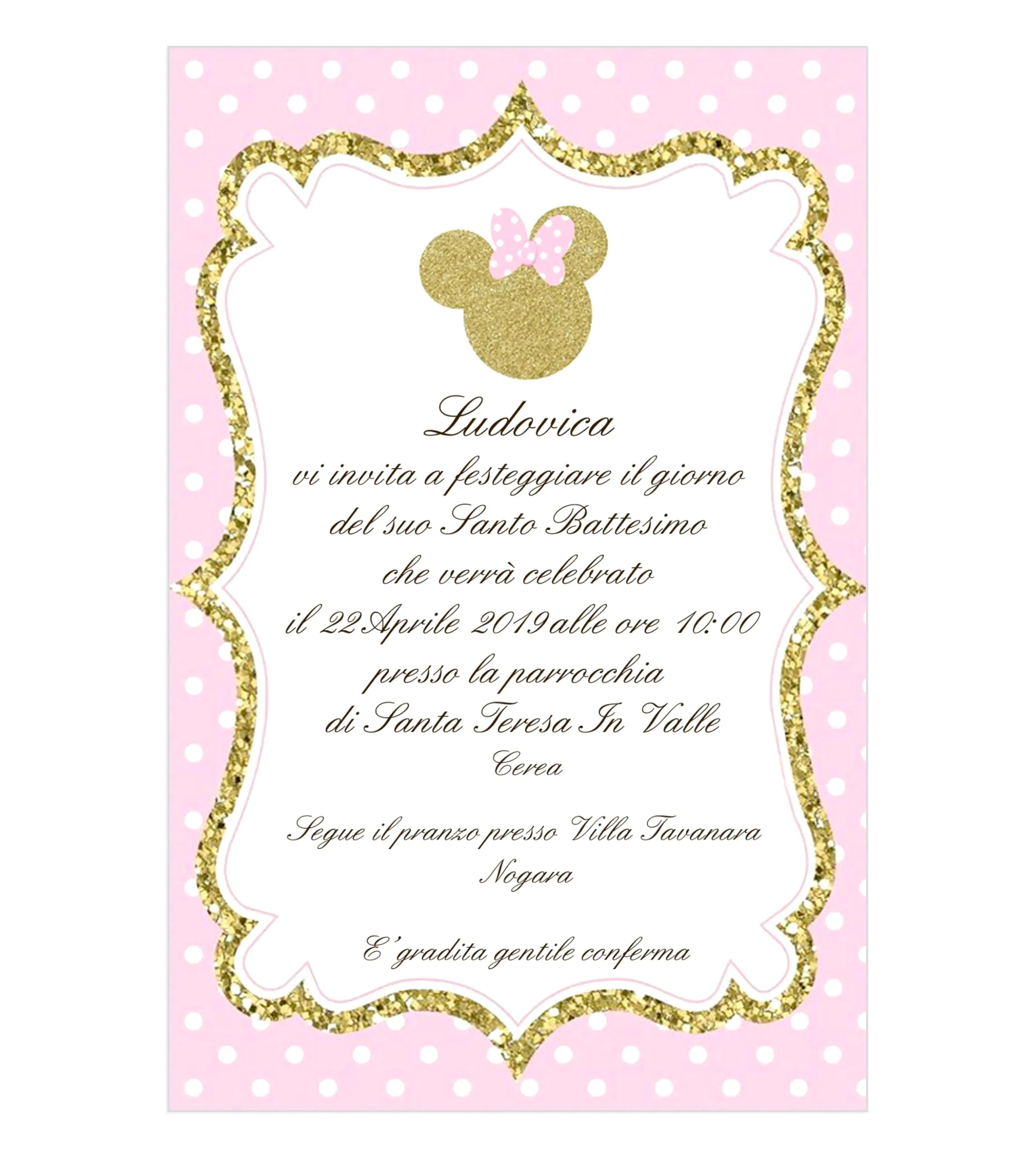 Biglietti Inviti battesimo personalizzati minnie topolina pois rosa - partecipazioni battesimo bimba 10 biglietti 12x18 centimetri