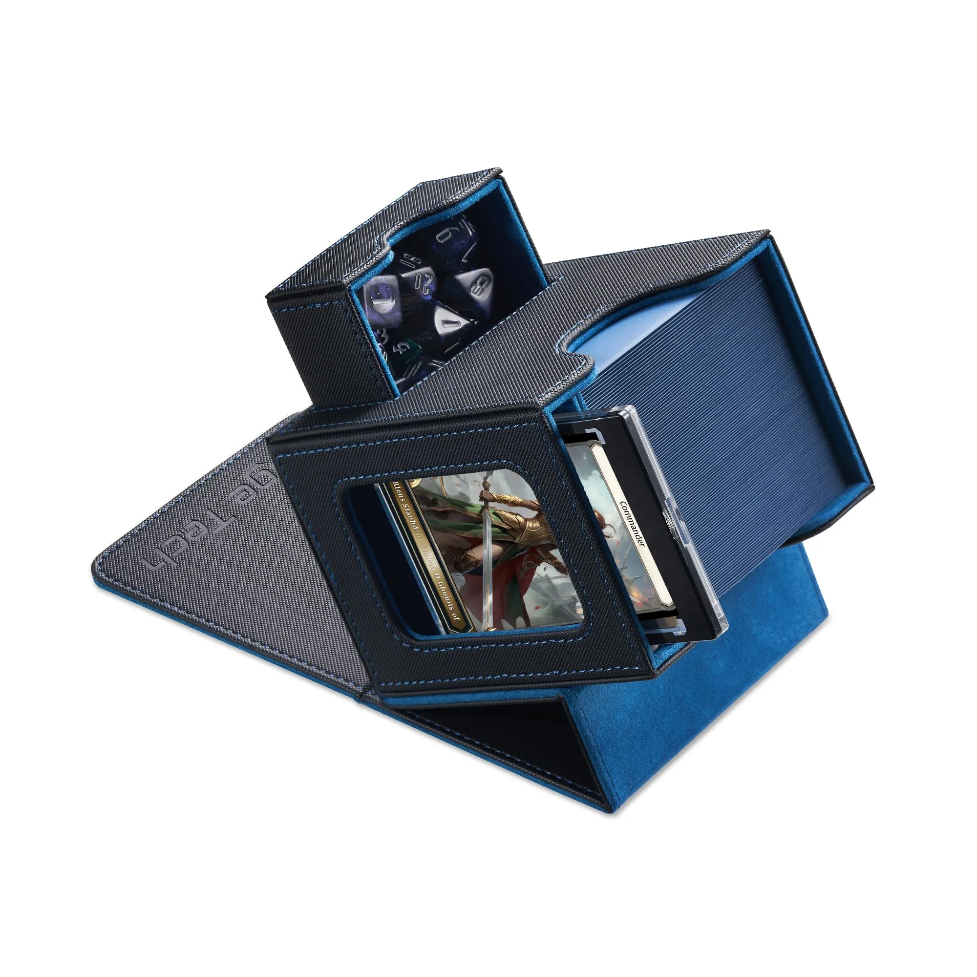 Mage Tech Commander Deck Box per MTG - Design Brevettato, Vetrina Commander, Adatta a 100 Carte Double-Sleeve, Porta Carte Magnetico da 35pt & Vassoio per Dadi - Nero/Blu