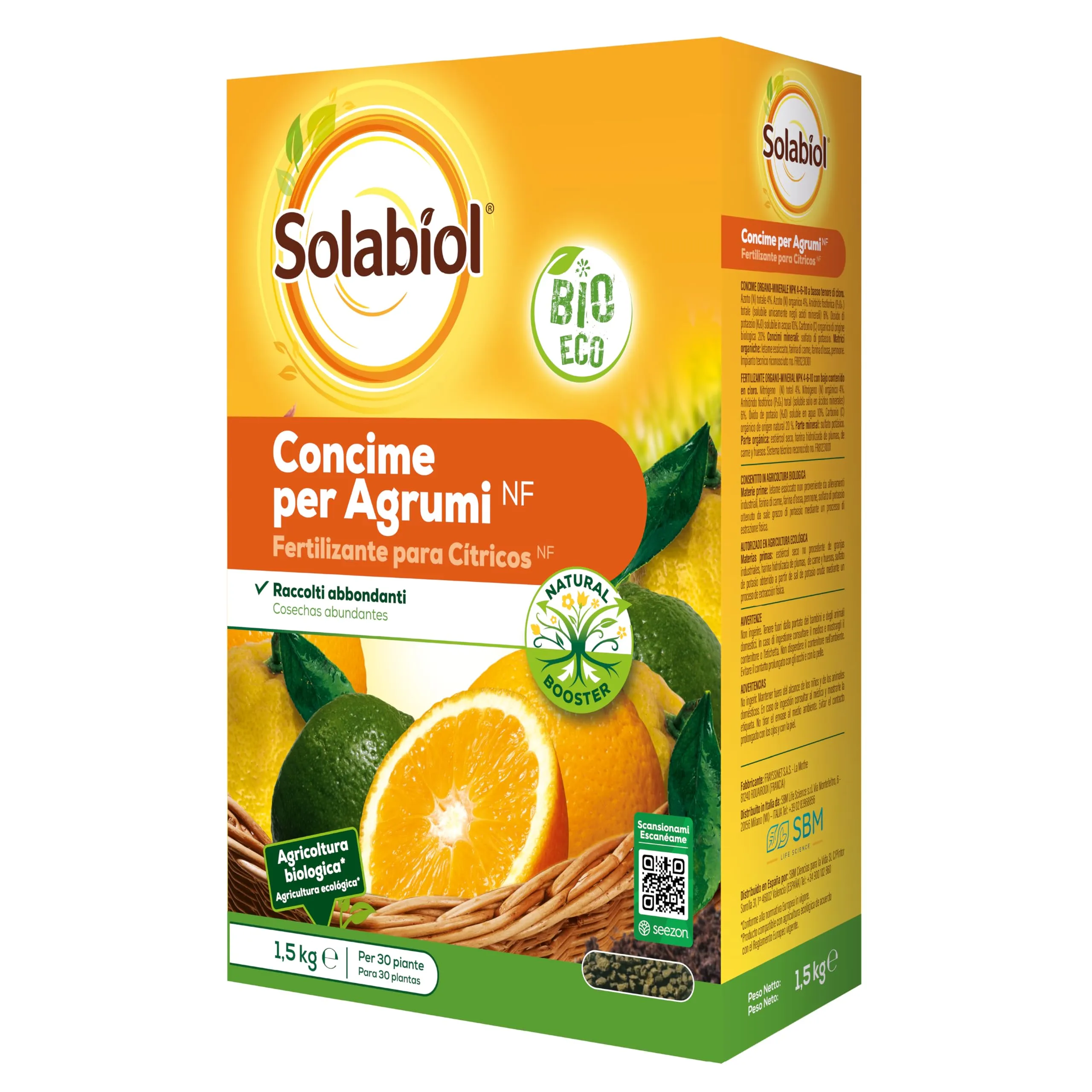 Solabiol Concime Biologico Granulare Agrumi con Tecnologia Natural Booster per favorire lo sviluppo dell’apparato radicale e avere fino al 50% di raccolto in più
