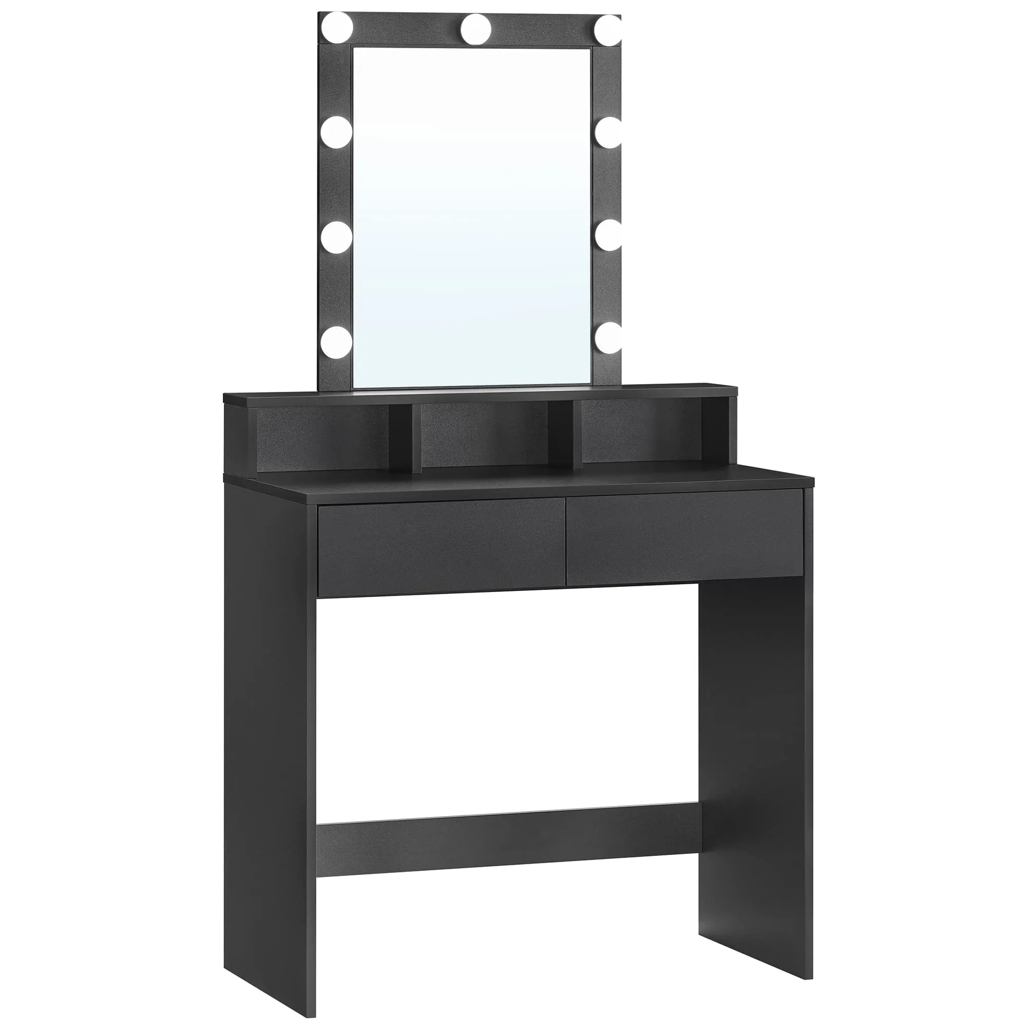 VASAGLE KAILYN Collezione - Toeletta, Luce LED Regolabile a 3 Colori, Tavolo da Trucco con Specchio, 2 Cassetti e 3 Scomparti, Postazione Trucco, Moderno, Nero RDT114T16