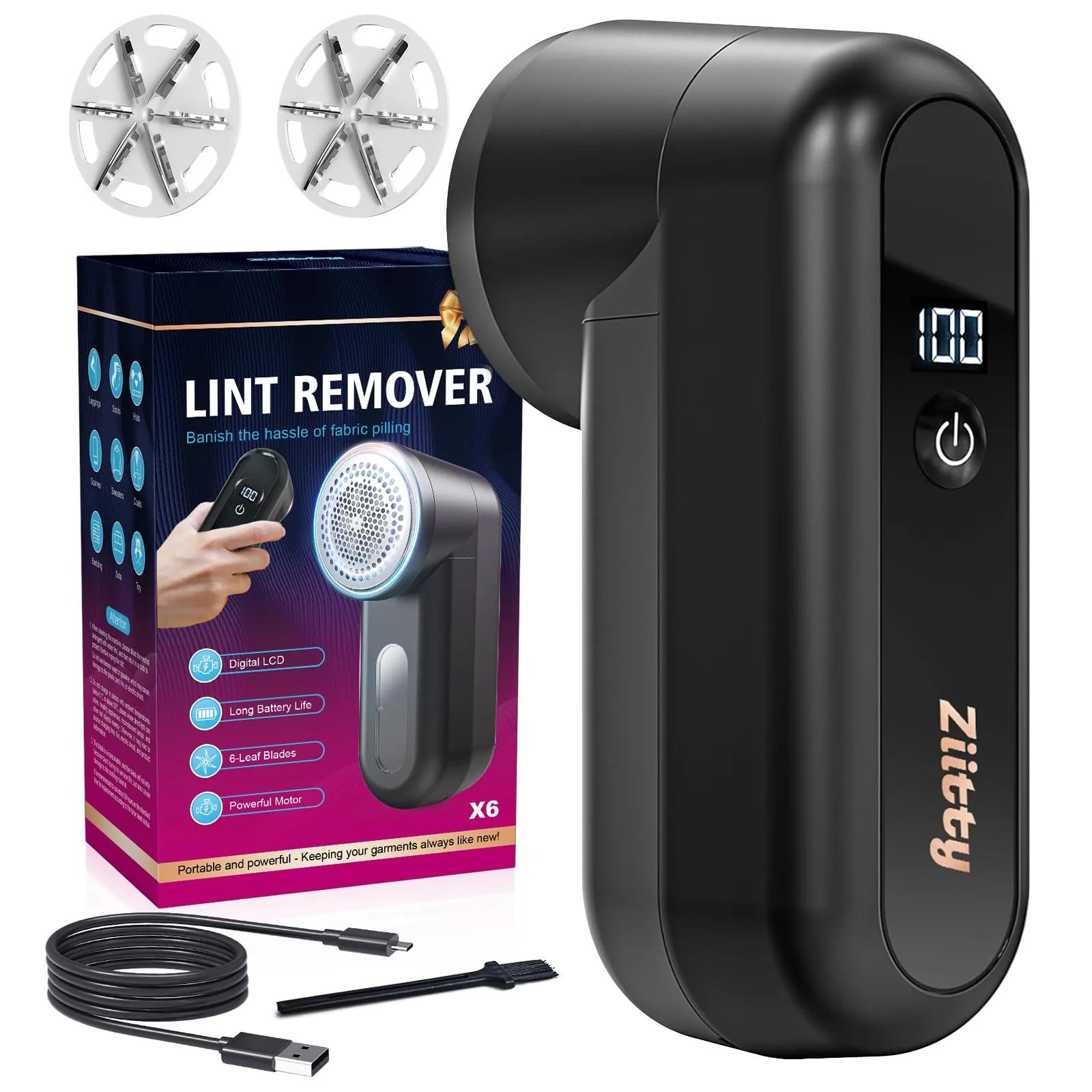 Ziitty Levapelucchi Elettrico, Viene Fornito con 3 Lame da 6 in Omaggio, Display LCD, Cavo di Ricarica Type-C, Piccola Spazzola, Adatto a Tutti i Tessuti, Grande Regalo di Famiglia per le Donne (Nero)