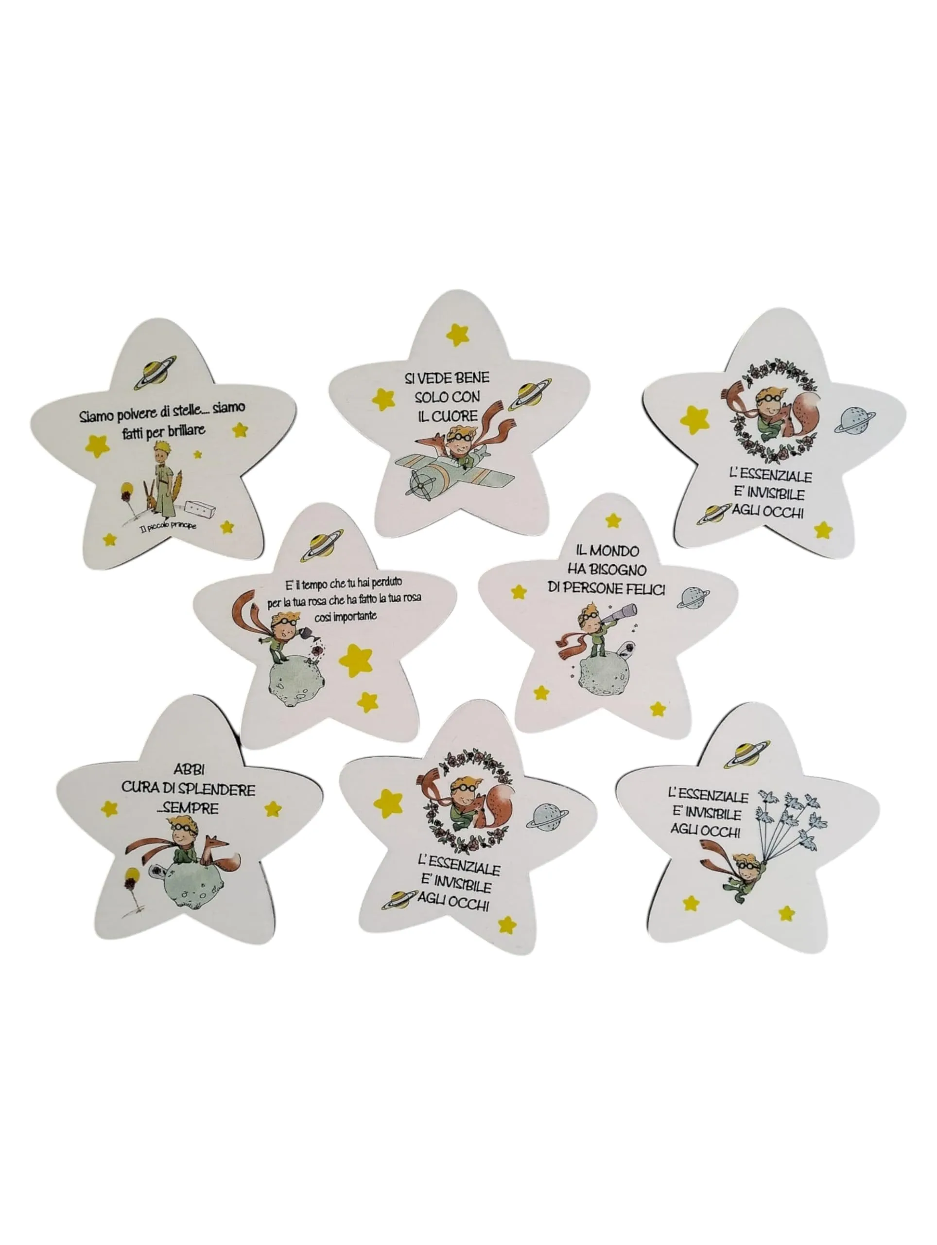 Magnete in legno stellina tema Piccolo Principe 8 PEZZI calamita ideale per bomboniera o ricordino nascita,battesimo e prima comunione