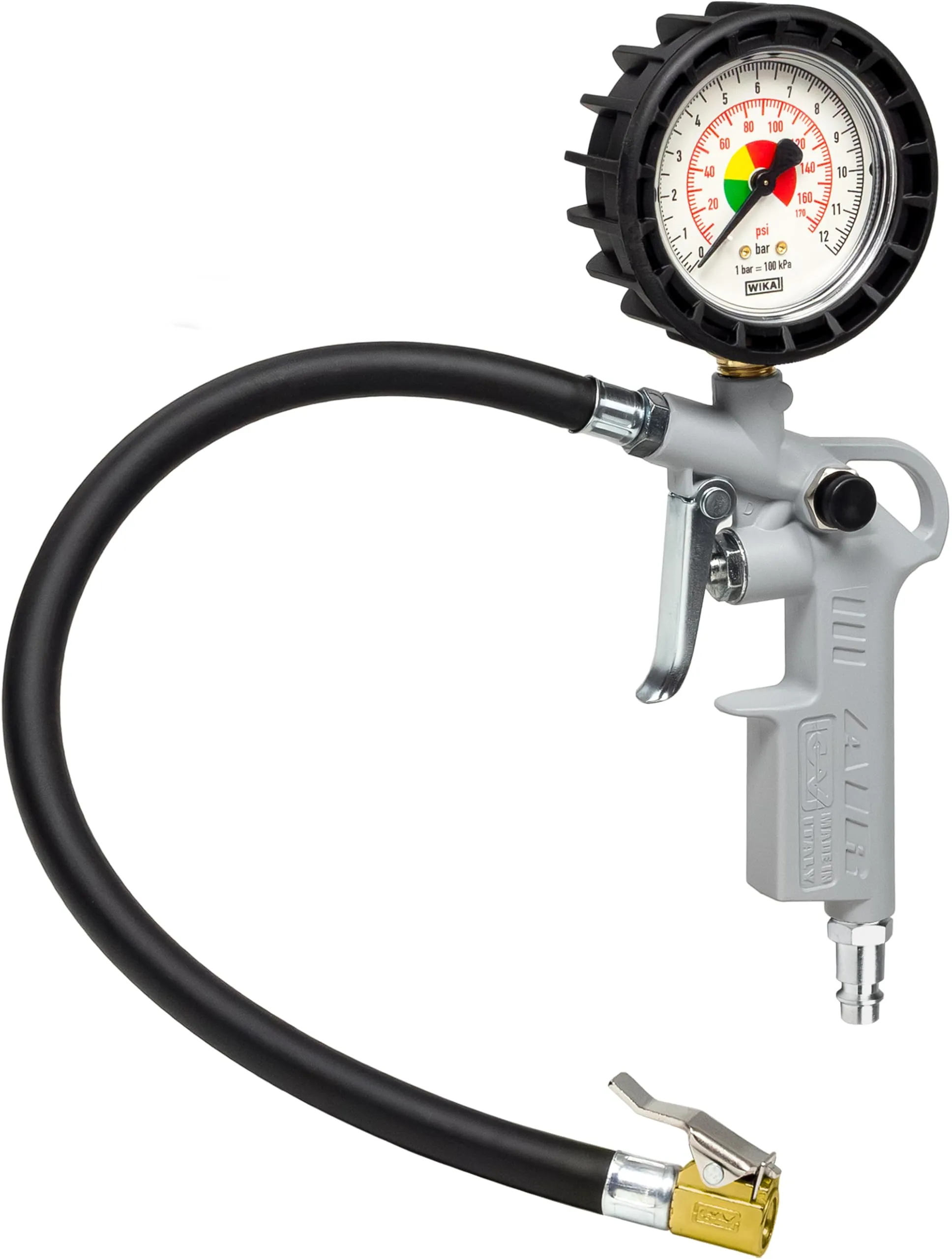 GAV Pistola Gonfiaggio Pneumatici Professionale Made in Italy con Manometro Pressione WIKA da 63mm per Pressione Gomme di Auto Moto Camion e Biciclette - Scala in BAR Psi - 60D (Standard)
