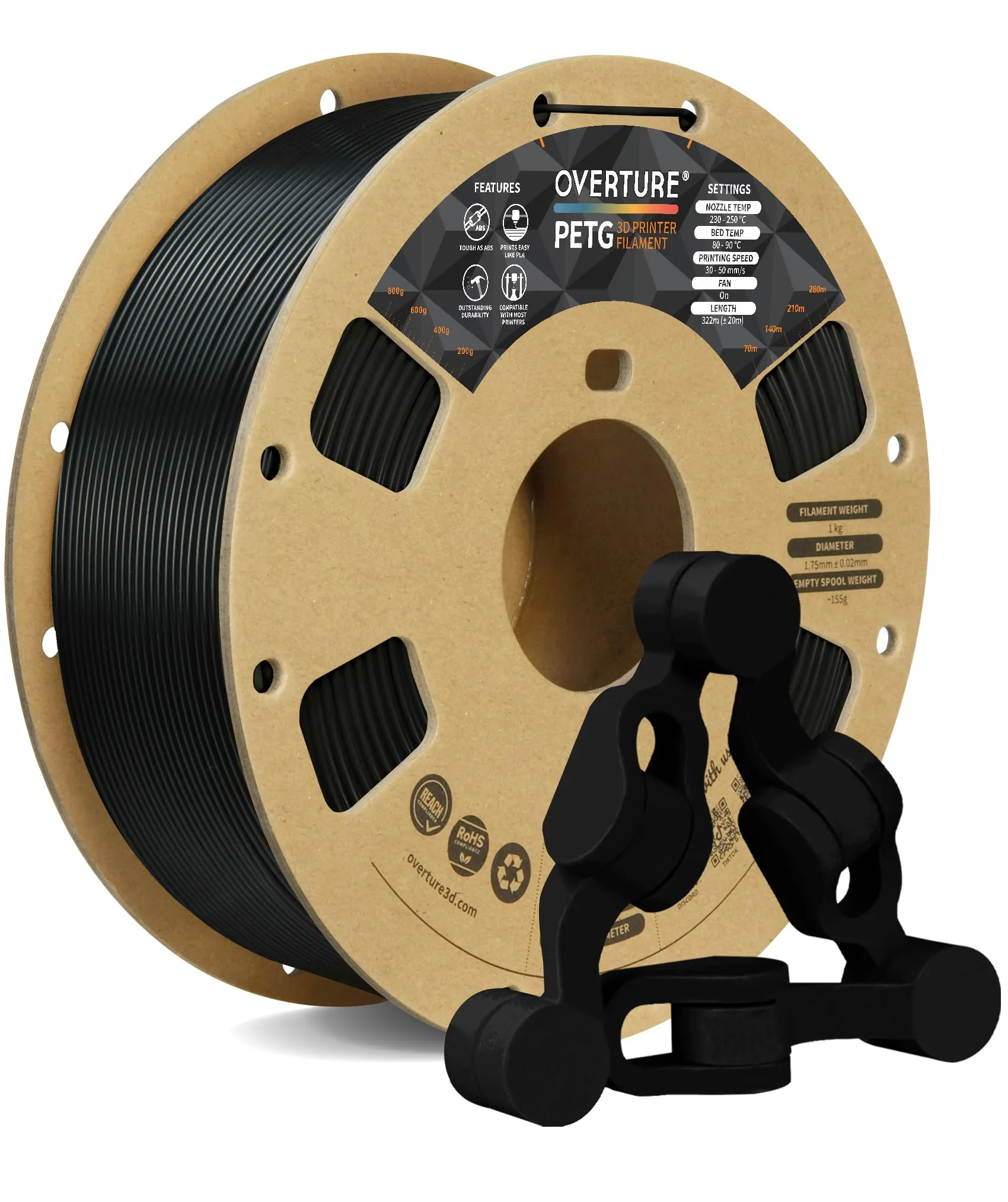 OVERTURE Filamento PETG 1.75mm, 1kg Bobina(2.2lbs), Neatly Wound Durevole PETG Filament per Stampante 3D, Precisione Dimensionale +/- 0.02 mm, 3D Printer Filamento (Nero)