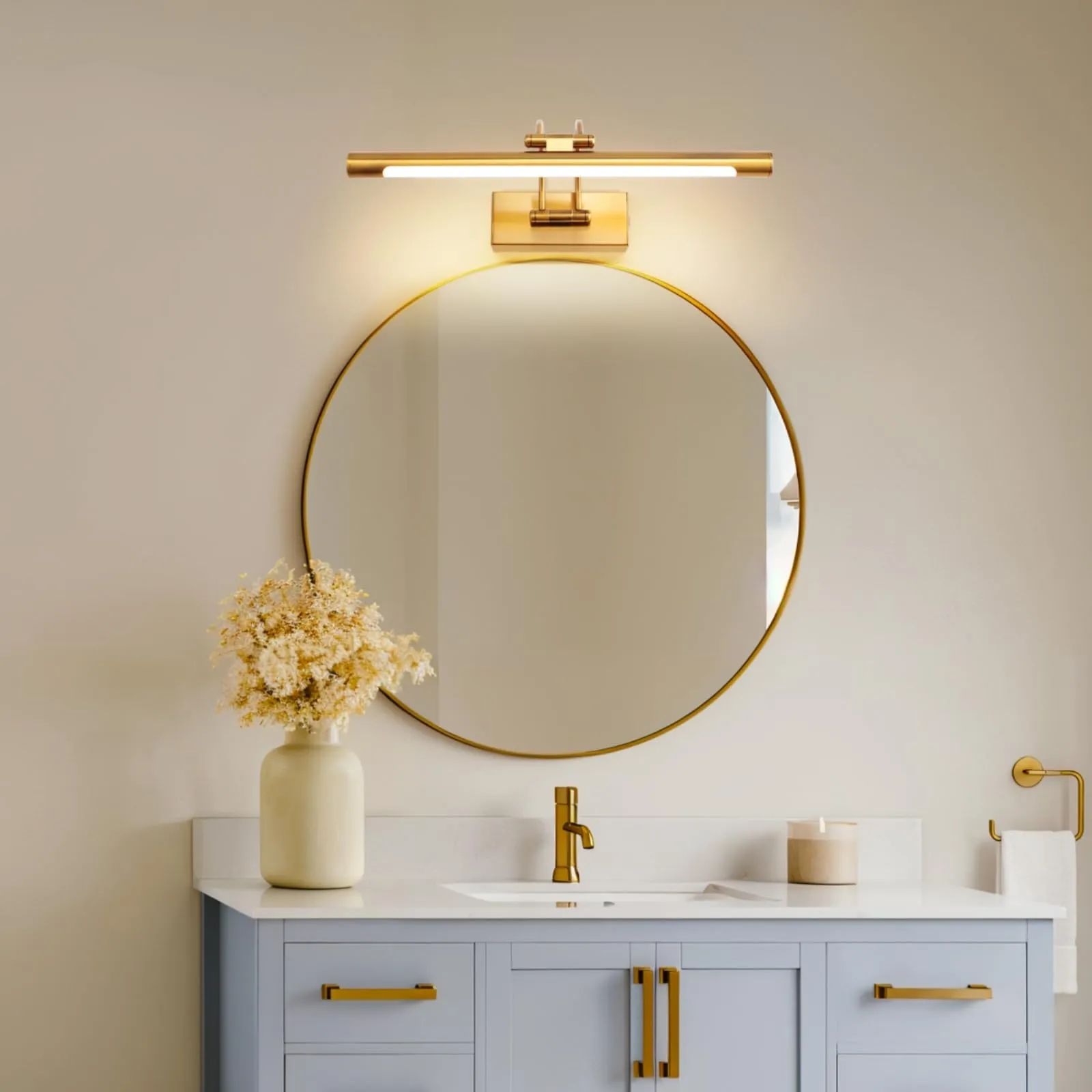 TYhogar LED Specchio Bagno 40cm 10W 3 Temperatura di Colore Dimmerabile + Luce di Immagine LED Dimmerabile Senza Passo con Testa di Lampada Girevole Arco Braccio Specchio Illuminazione Lampada