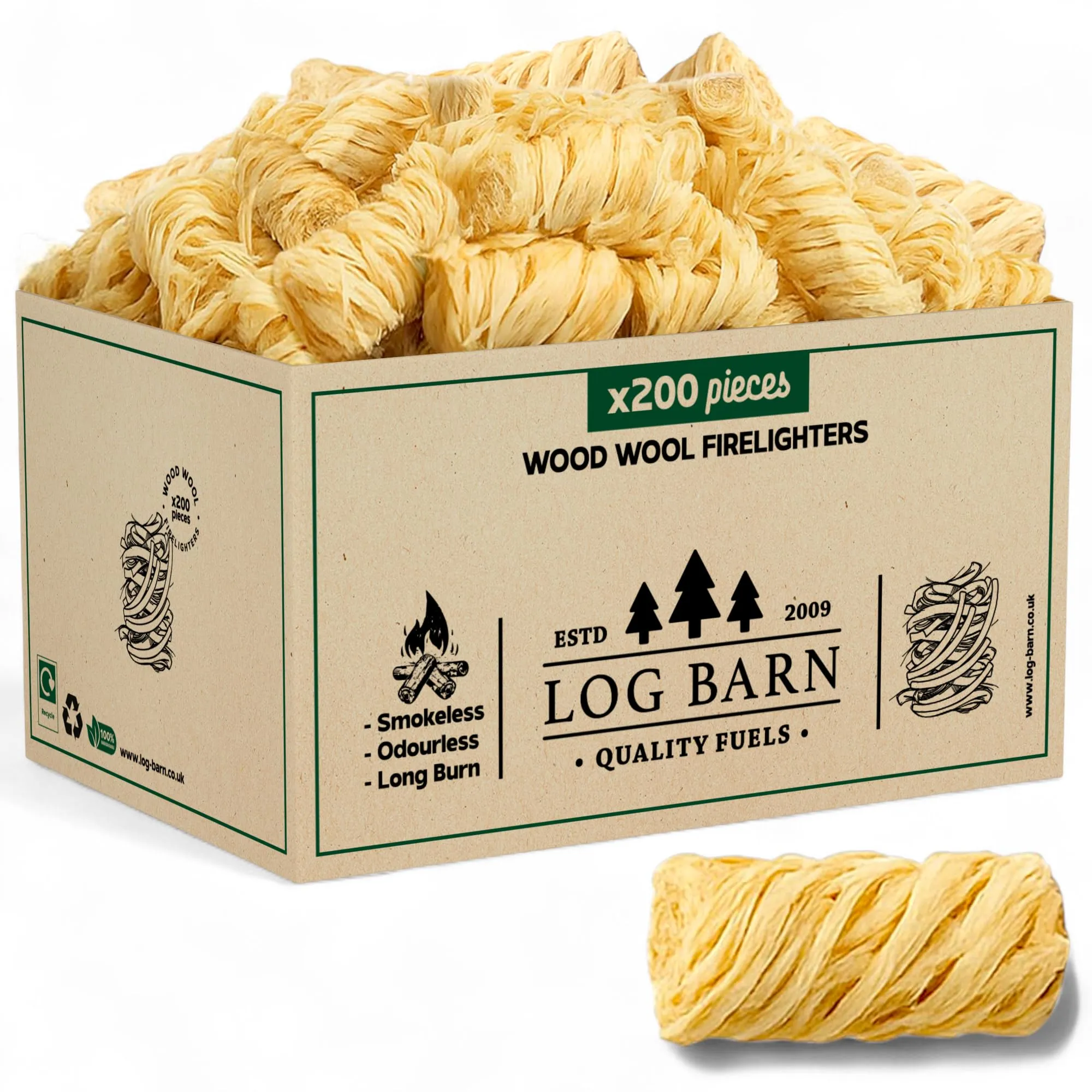 Log-Barn Accendifuoco in legno ecologico naturale, acciarino rivestito in cera di lana di legno, ottimo accendifuoco per accendere fuochi in stufe, barbecue, forni per pizza e affumicatori, starter a