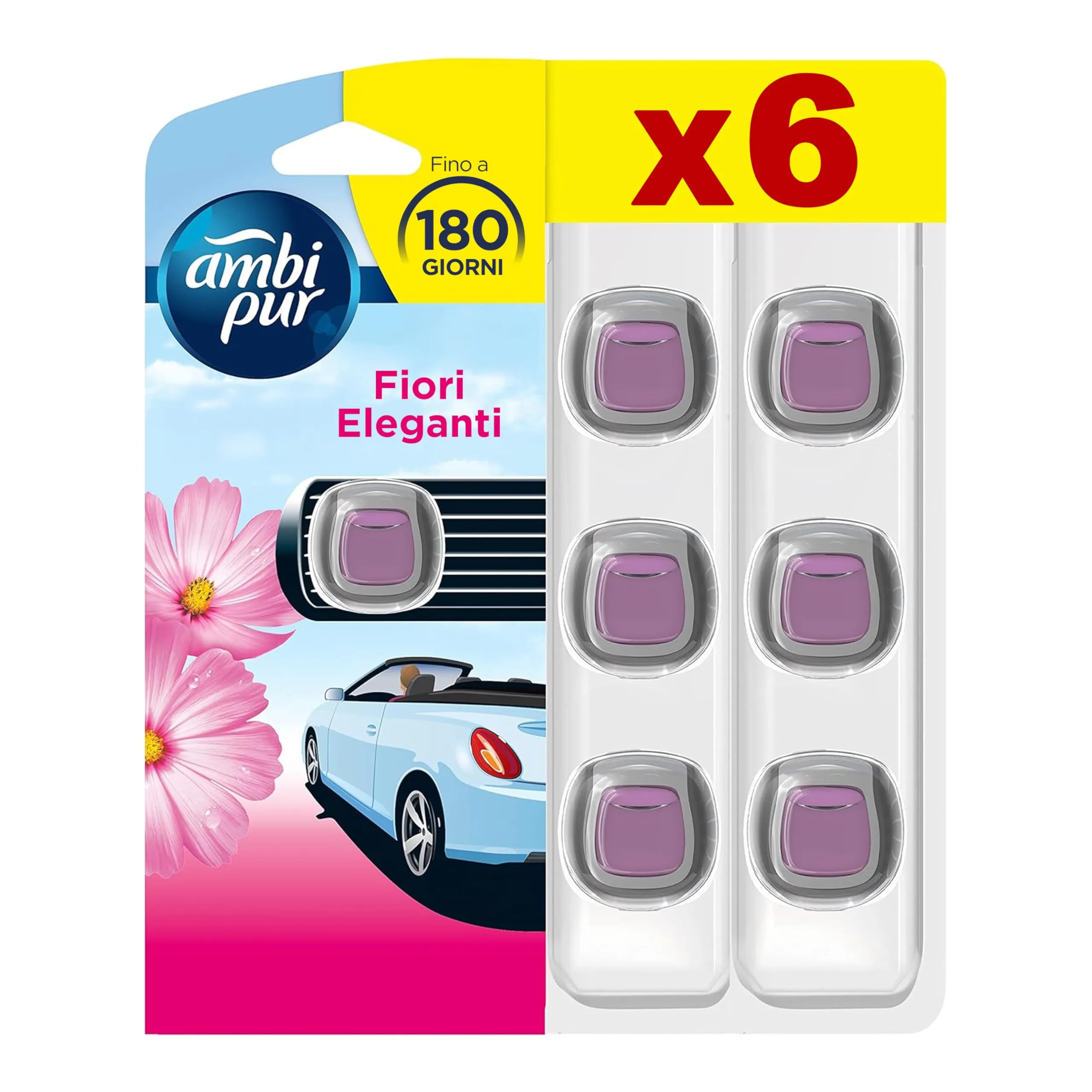 Ambi Pur Profumatore Auto, 6 Deodoranti Auto, Fragranza Fiori Eleganti, Elimina Odori Facile da Agganciare, Fino a 30 Giorni di Profumo per Deodorante, Usa e Getta