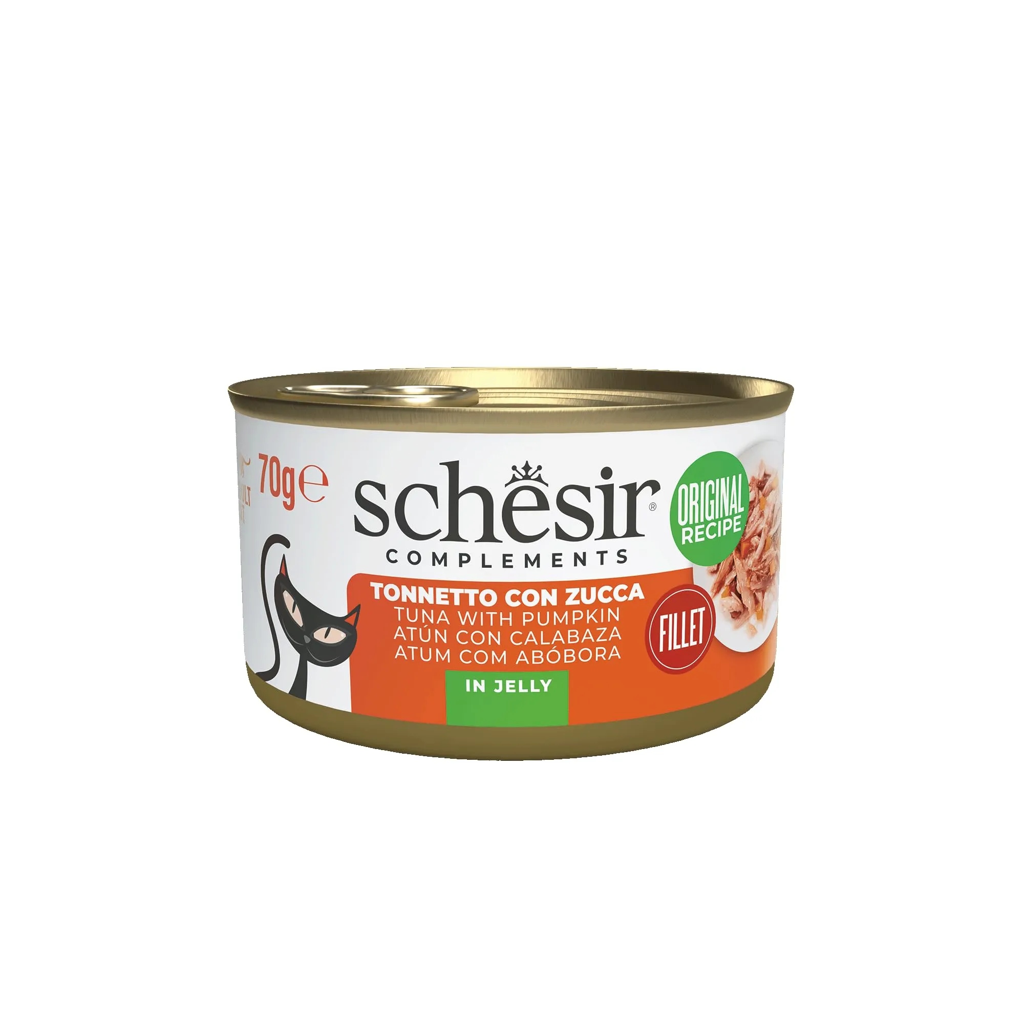 Schesir, Filetti di Tonno con Zucca in Gelatina, Cibo Umido Complementare per Gatti, Ricetta Originale, 100% Naturale, 12 lattine da 70g