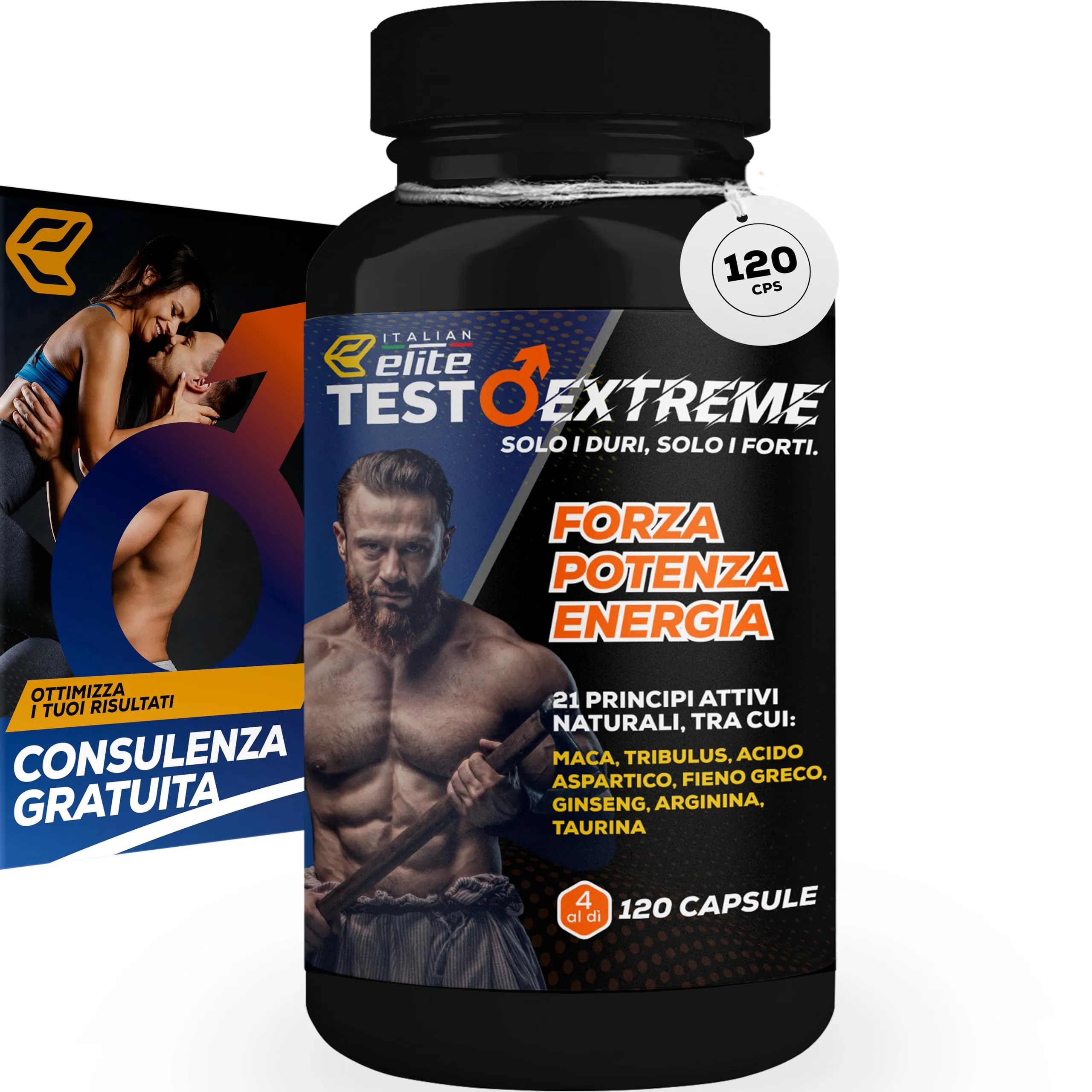 Italian Elite® Testo Extreme 120 caps Maca 8000mg. Booster Stimolante Naturale del Testosterone con Tribulus, Fieno Greco, Zinco, Arginina, Ashwagandha, Vitamine e Minerali. Forza Energia Resistenza!