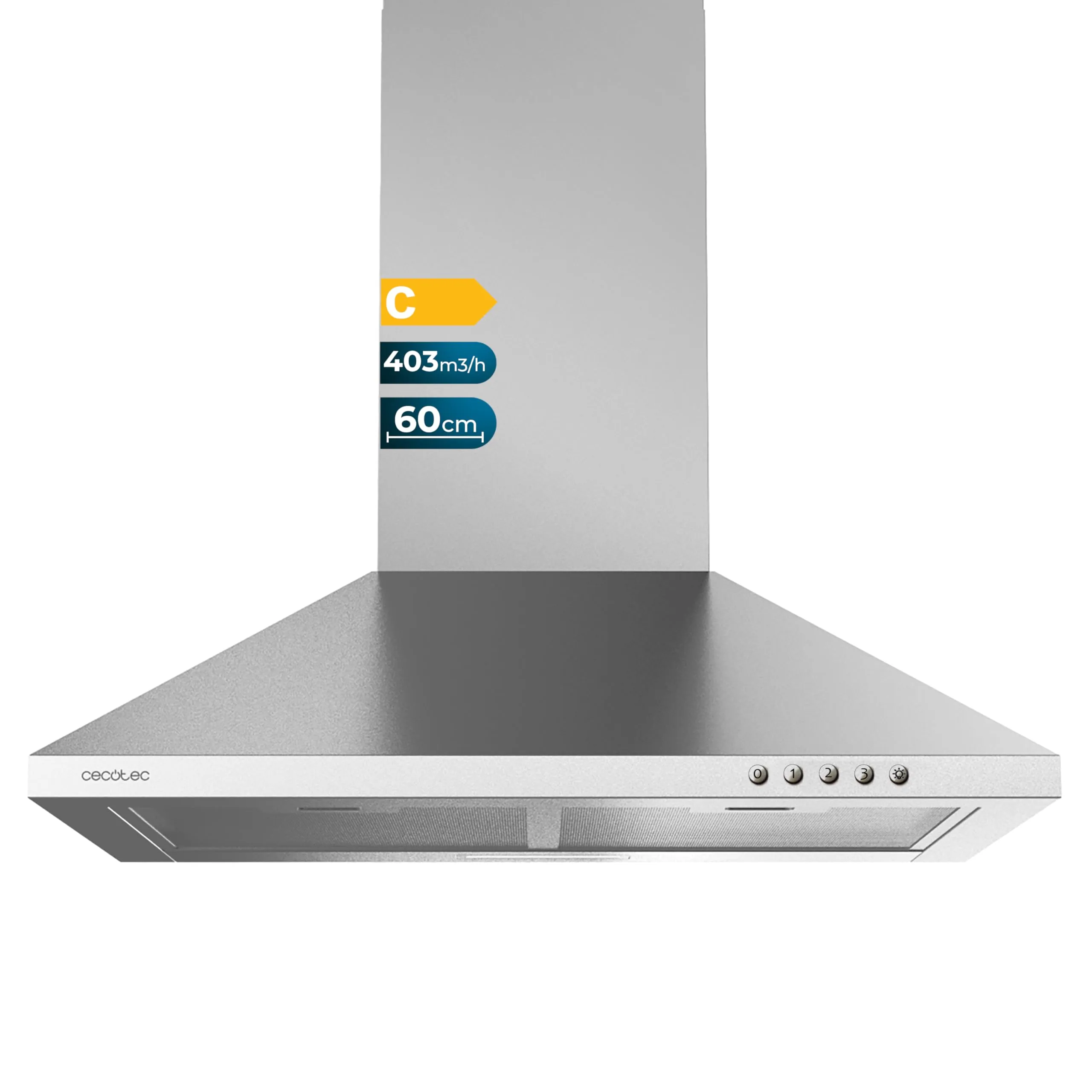 Cecotec Cappa aspirante 60 cm Flux PM 604300 Inox C Forma a Piramide, Finitura Inox, Potenza di aspirazione 403m3/h, Motore 105W, Classe C, Controllo meccanico, 3 Livelli di Potenza