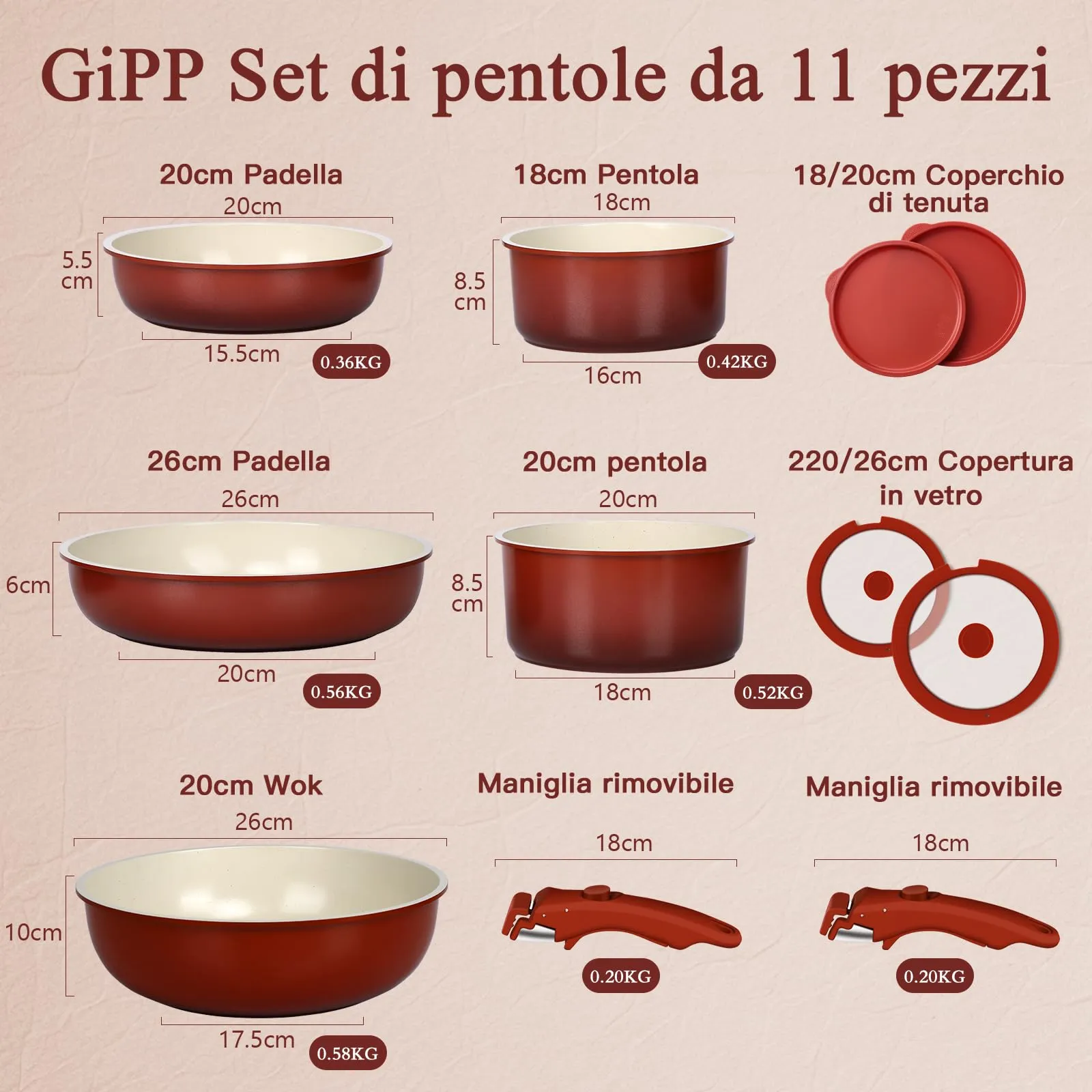 GiPP 11 Pezzi Set Di Pentole E Padelle Con Rivestimento Ceramico Antiaderente, Set Di Pentole Con Manici Staccabili, Atossiche Compatibili Con Induzione, Forno E Lavastoviglie, Sfumatura Rossa