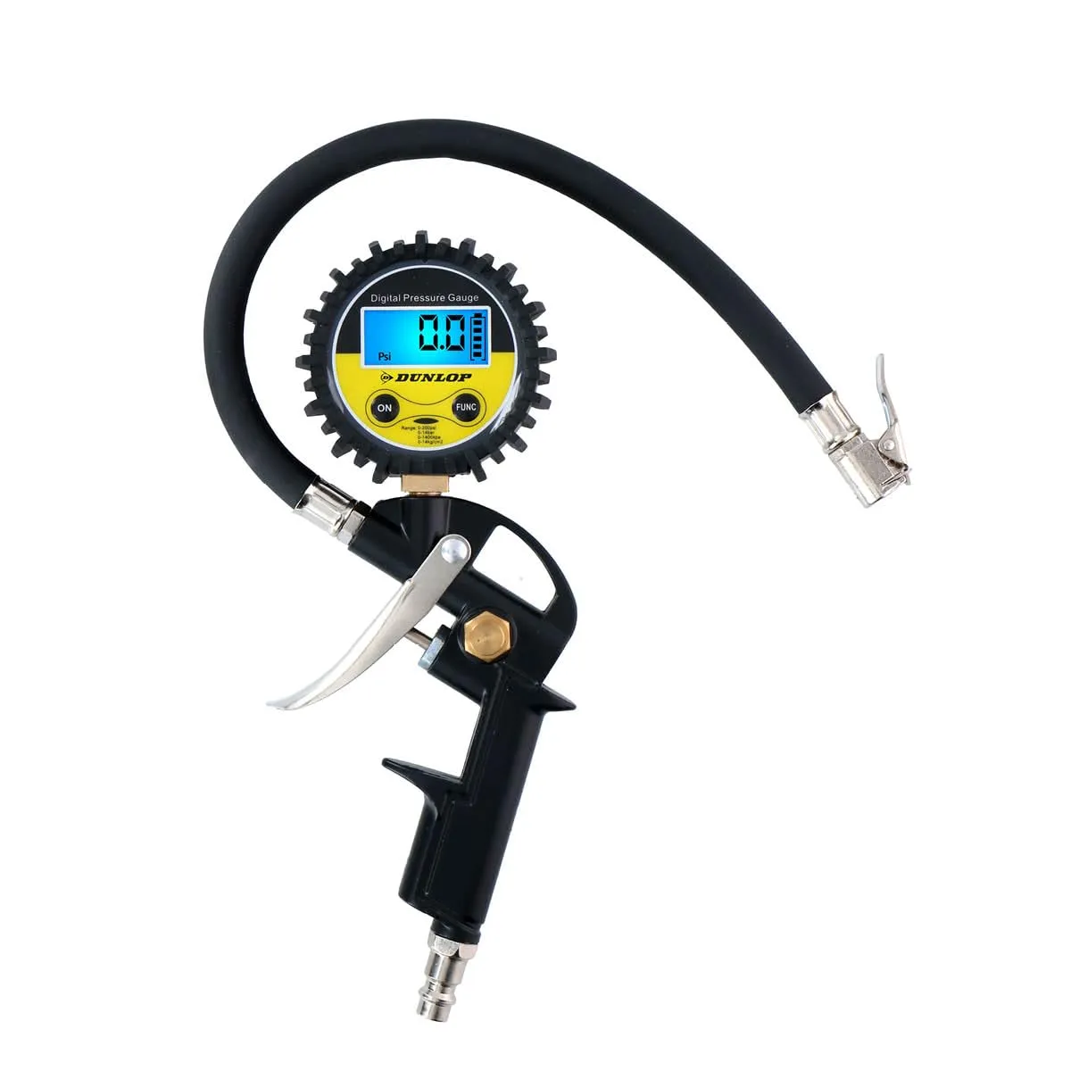 Dunlop Manometro digitale per pneumatici – Misura PSI/BAR/KPA/KG – Funziona a batterie – Tubo dell'aria da 30 cm – Adatto alla maggior parte dei compressori d'aria – auto, bicicletta, moto e camion