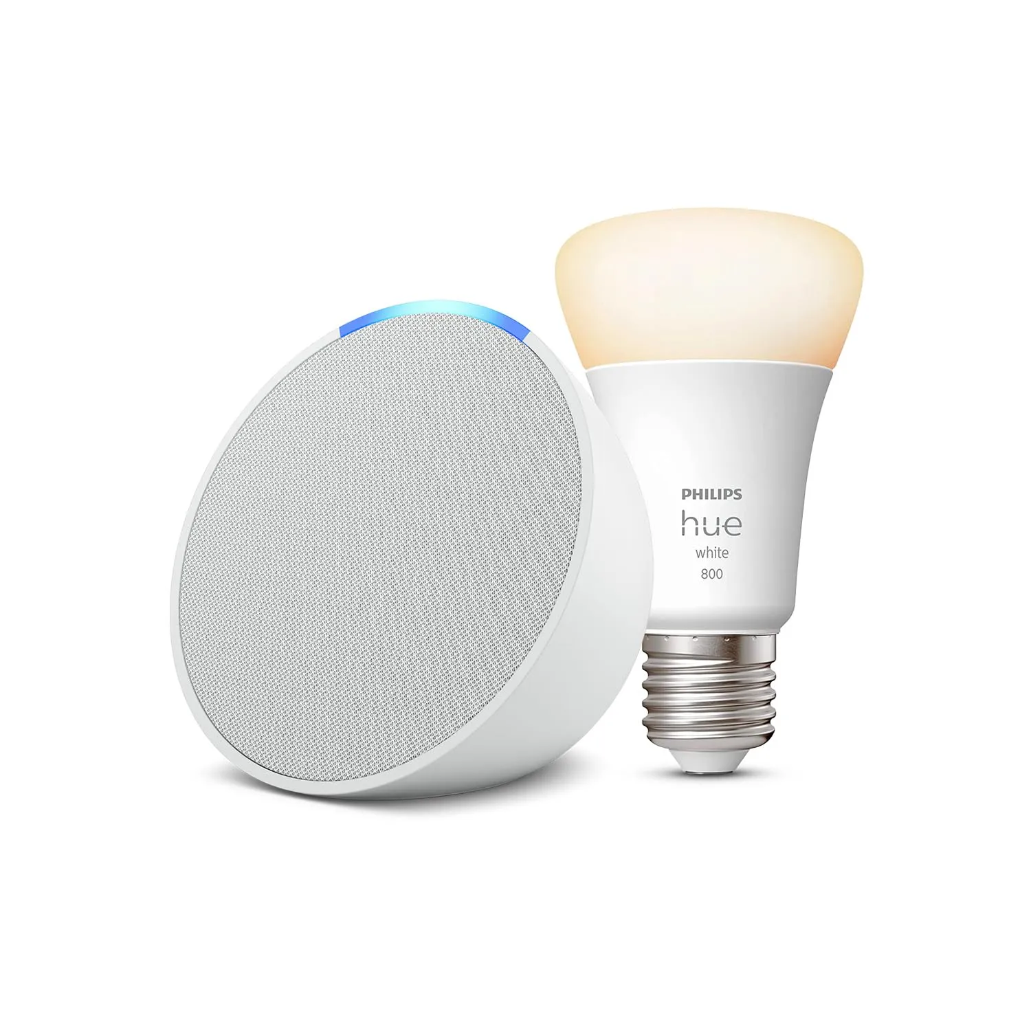 Echo Pop | Bianco ghiaccio + Philips Hue White Lampadina LED Smart (E27), compatibile con Alexa - Kit di base per Casa Intelligente